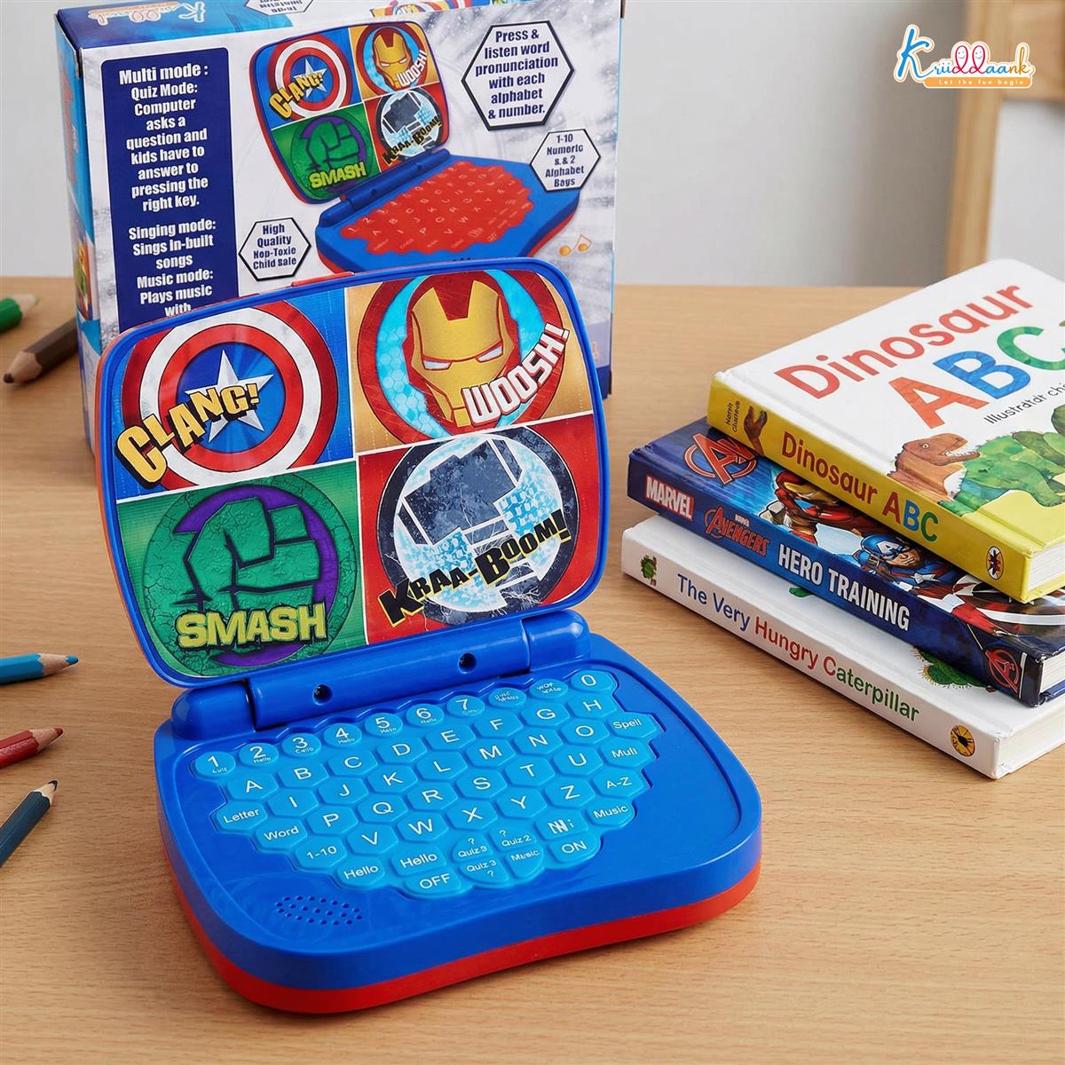 Avengers Theme Educational Laptop Without Screen for Kids | Interactive Music, Alphabet & Number Learning Toy for 3+ Year Olds | Screen-Free, Safe & Durable Early Learning Toy (Red)