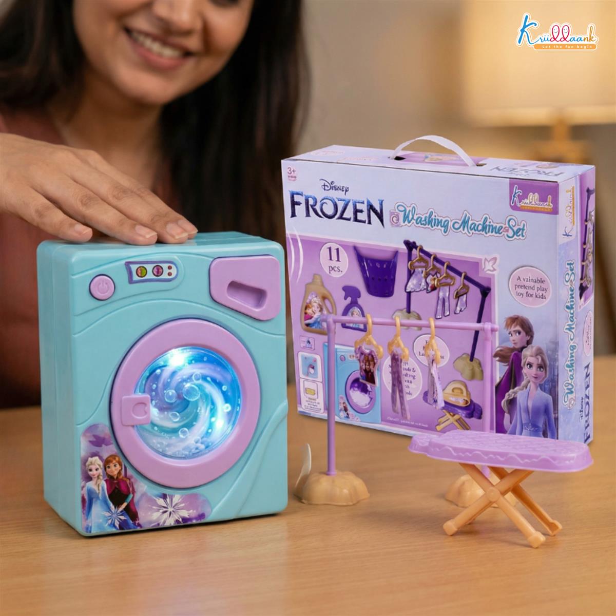Kriiddaank Frozen Theme Washing Machine Toy Set for Kids - 11-Piece Interactive Disney Magic Home Appliances Pretend Play for Toddlers - Music & Educational Role Play Laundry Set - Ages 3+