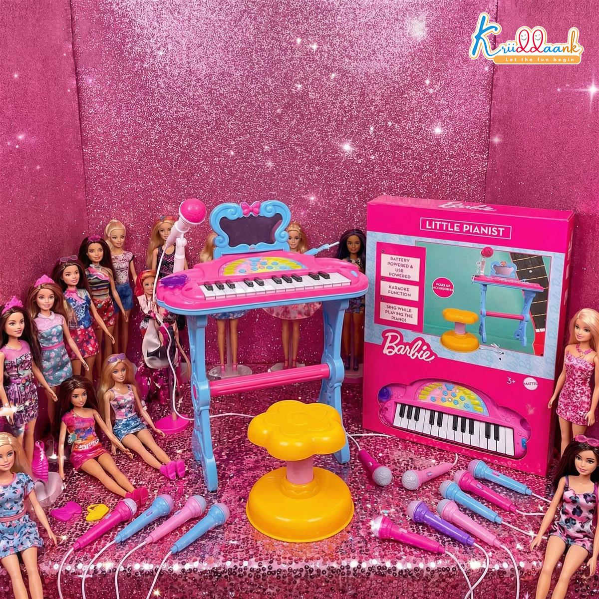 Mattel Barbie Theme Little Pianist Keyboard with Microphone & Stool - Dual Power (USB/Battery), Karaoke Mode, 25 Inbuilt Tunes - Pink Musical Toy for Girls 3+ Years