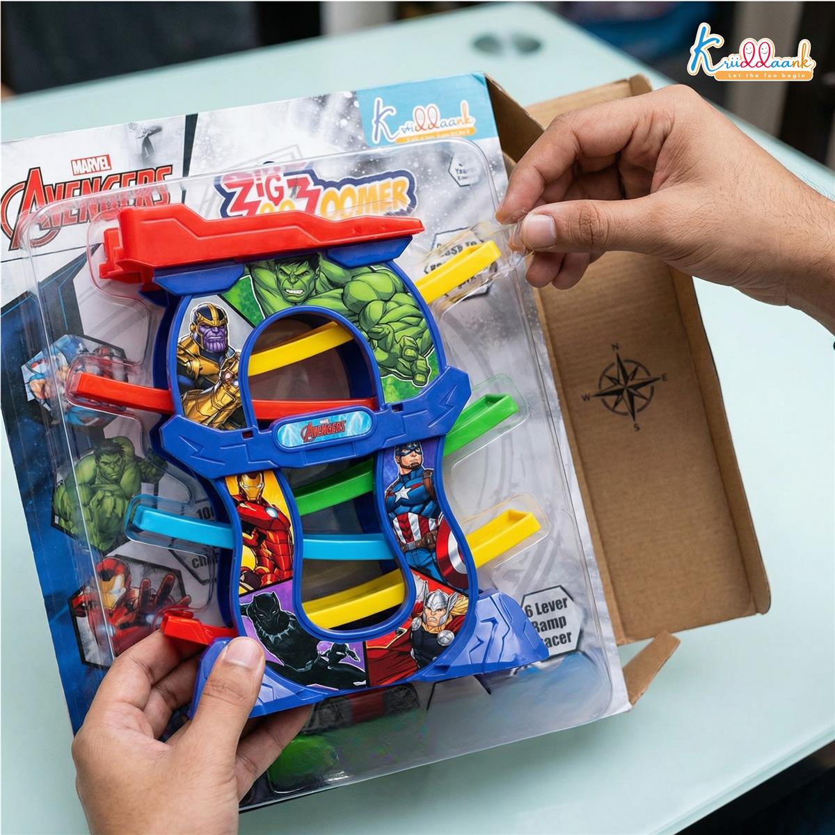 Avengers Zig Zag Zoomer Ramp Racer Car Track for Toddlers - 6-Level Lever Racing Set with 4 Mini Vehicles - 15 Piece Superhero Toy for Kids 3+ Years - Non-Toxic, Educational & Fun Development Toy