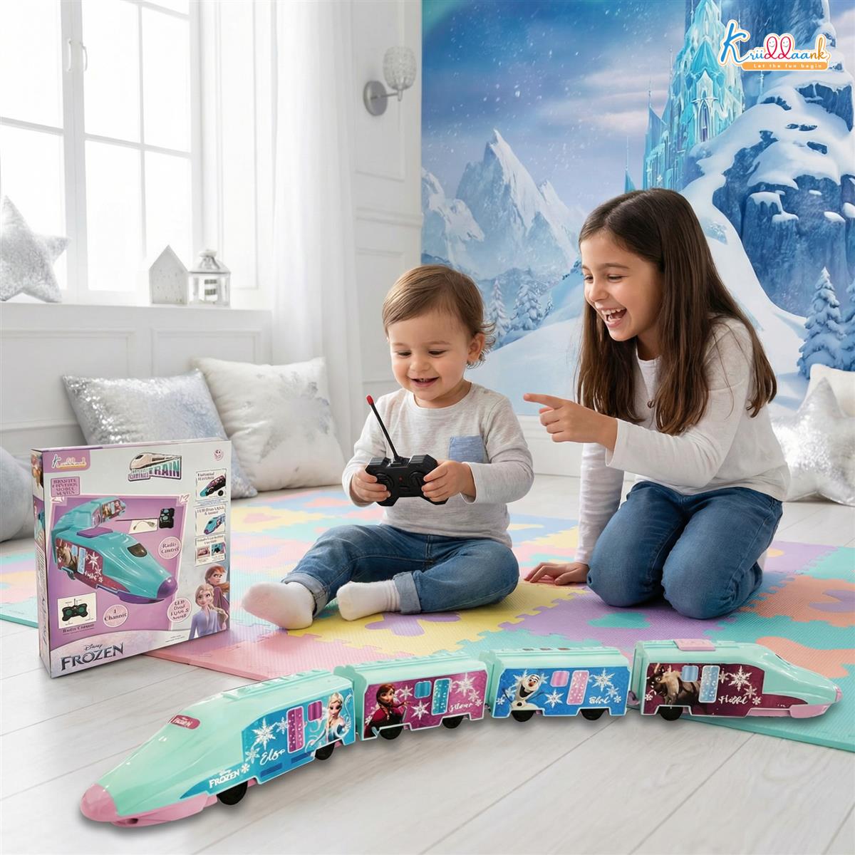 Kriiddaank Frozen Theme Remote Control Train Toy for Kids, Rechargeable EMU Express Train with LED Lights and Realistic Sounds, Turquoise Railway Toy for Boys and Girls Ages 3+