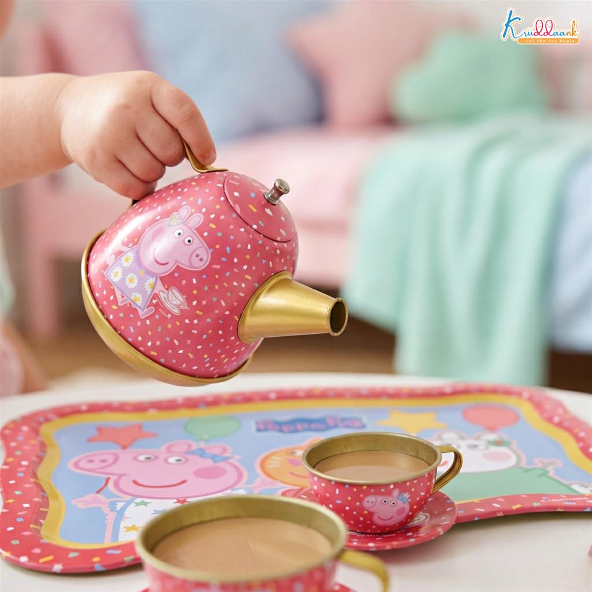 Peppa Pig 14-Piece Portable Tin Tea Set for Kids - Durable Metal Play Tea Party Set with Kettle, Cups, Saucers & Plates - Role Play Toy for Girls & Toddlers 3+ Years Old, Multicolor