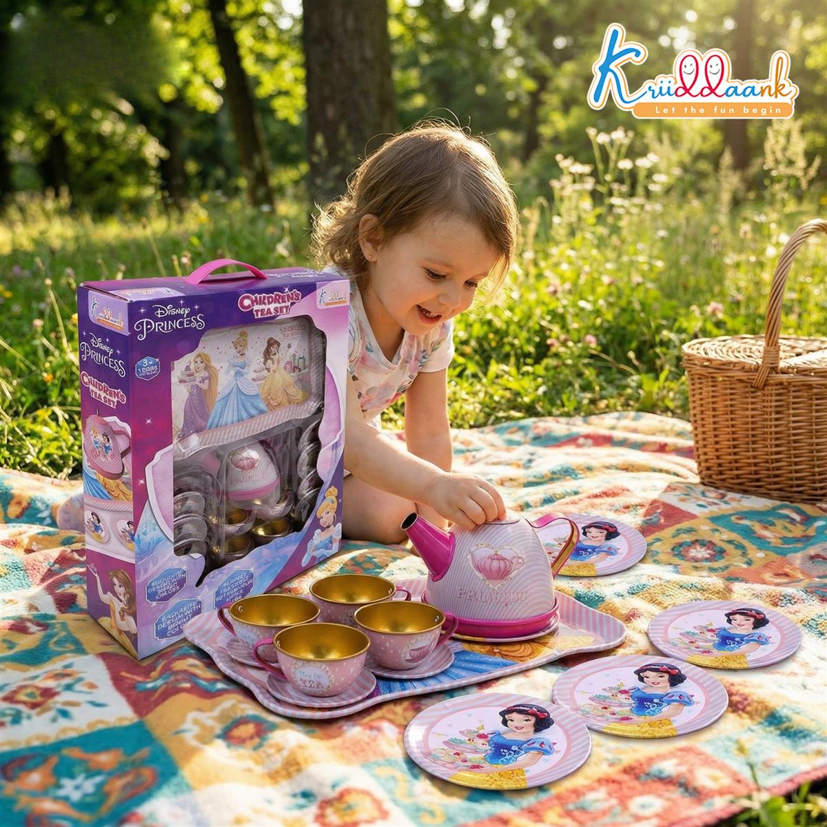Disney Princess 14-Piece Tin Tea Set for Girls - Portable Fantasy Tea Party Set with Teapot & Cups - Safe & Durable Metal Pretend Play Toy for Kids Ages 3+ (Pink)