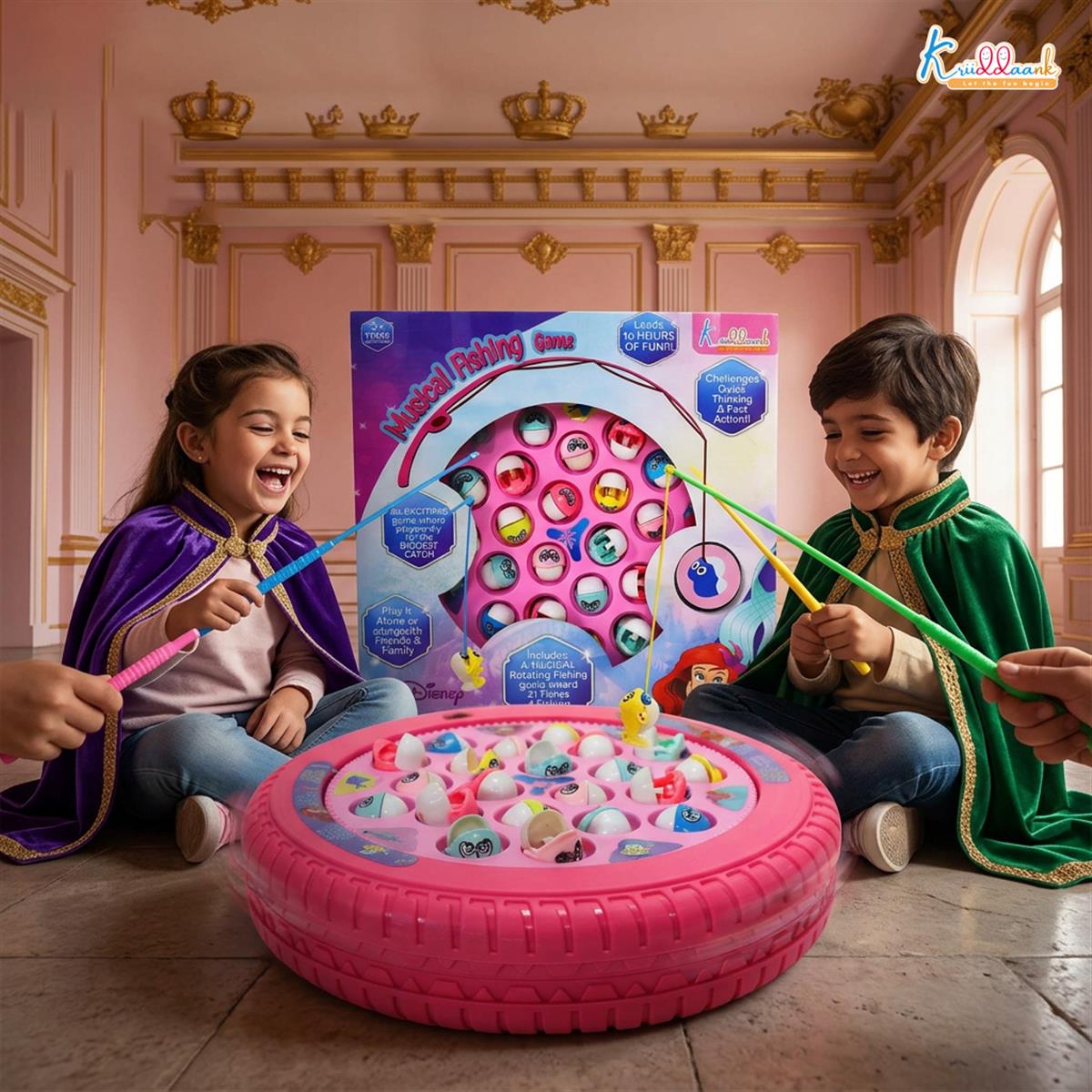 Princess Musical Fishing Game - Rotating Underwater Adventure Board with Music & 21 Fishes | 4 Fishing Poles | Pink Battery-Operated Educational Toy for Kids Aged 3+ Years