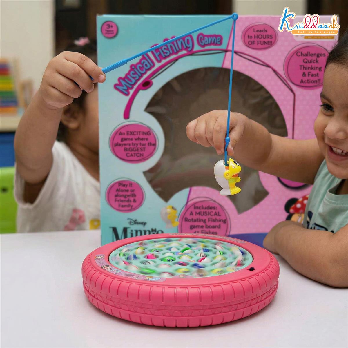 Kriiddaank Minnie Mouse Musical Fishing Game - Rotating Battery Operated Pond with 21 Fish & 4 Fishing Poles - Pink Educational & Interactive Toy for Kids and Toddlers Ages 3+