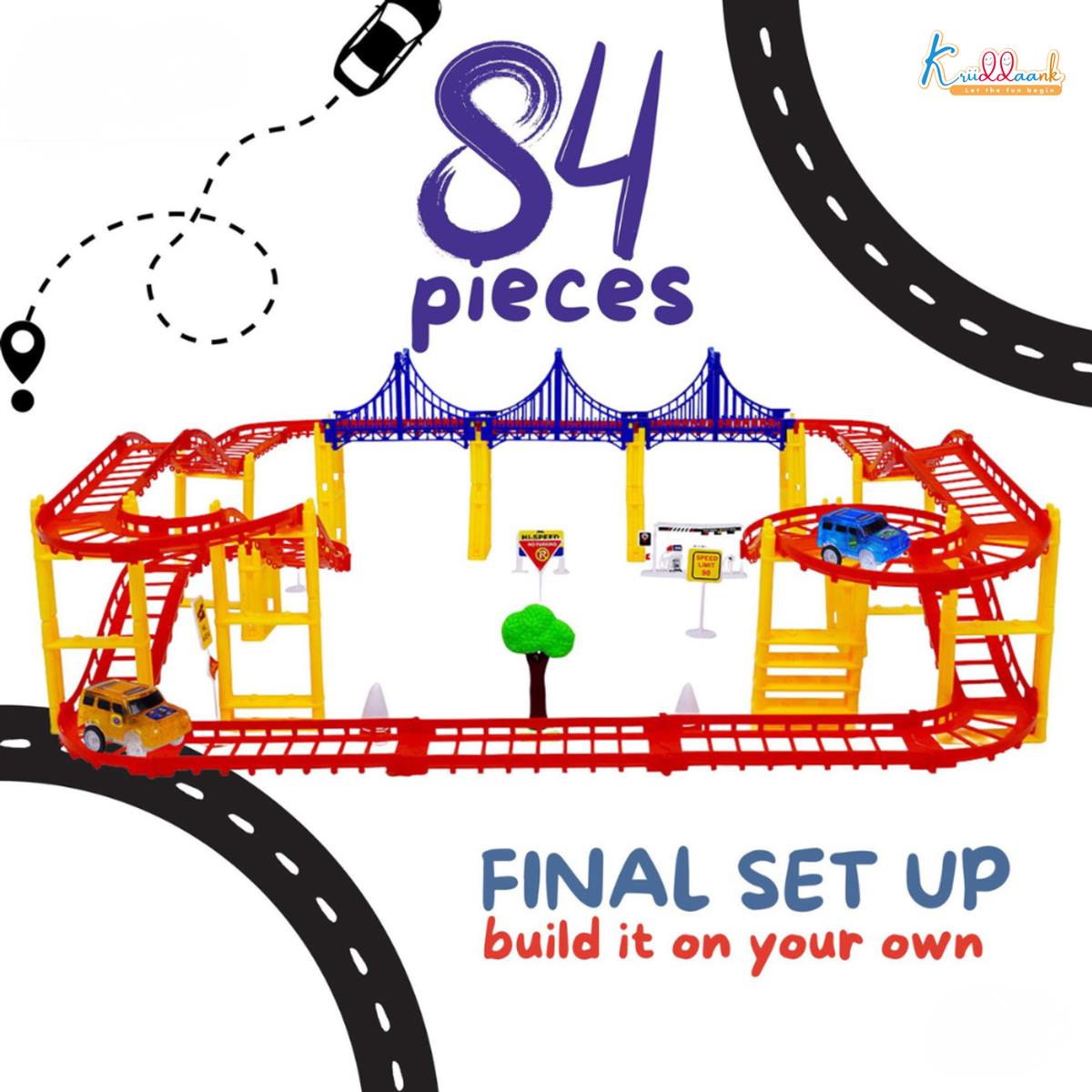 Disney Mickey Track Medium (84 Pcs) â€“ DIY Racing Track Set with 2 Cars, Bridges, Roadway Signs, Traffic Cones & Petrol Pump, Battery Operated Toy for Kids 3+ Years Old