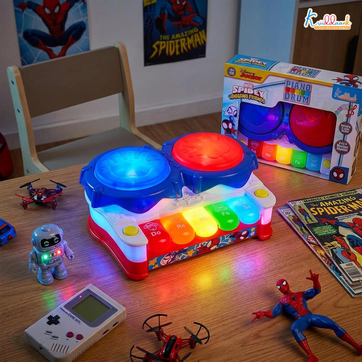 Spiderman Theme 2-in-1 Drum and Piano Music Toy for Kids - Interactive Musical Instrument Kit with 3D Lights & Sound, Educational Superhero Gift for Boys and Girls Ages 3+