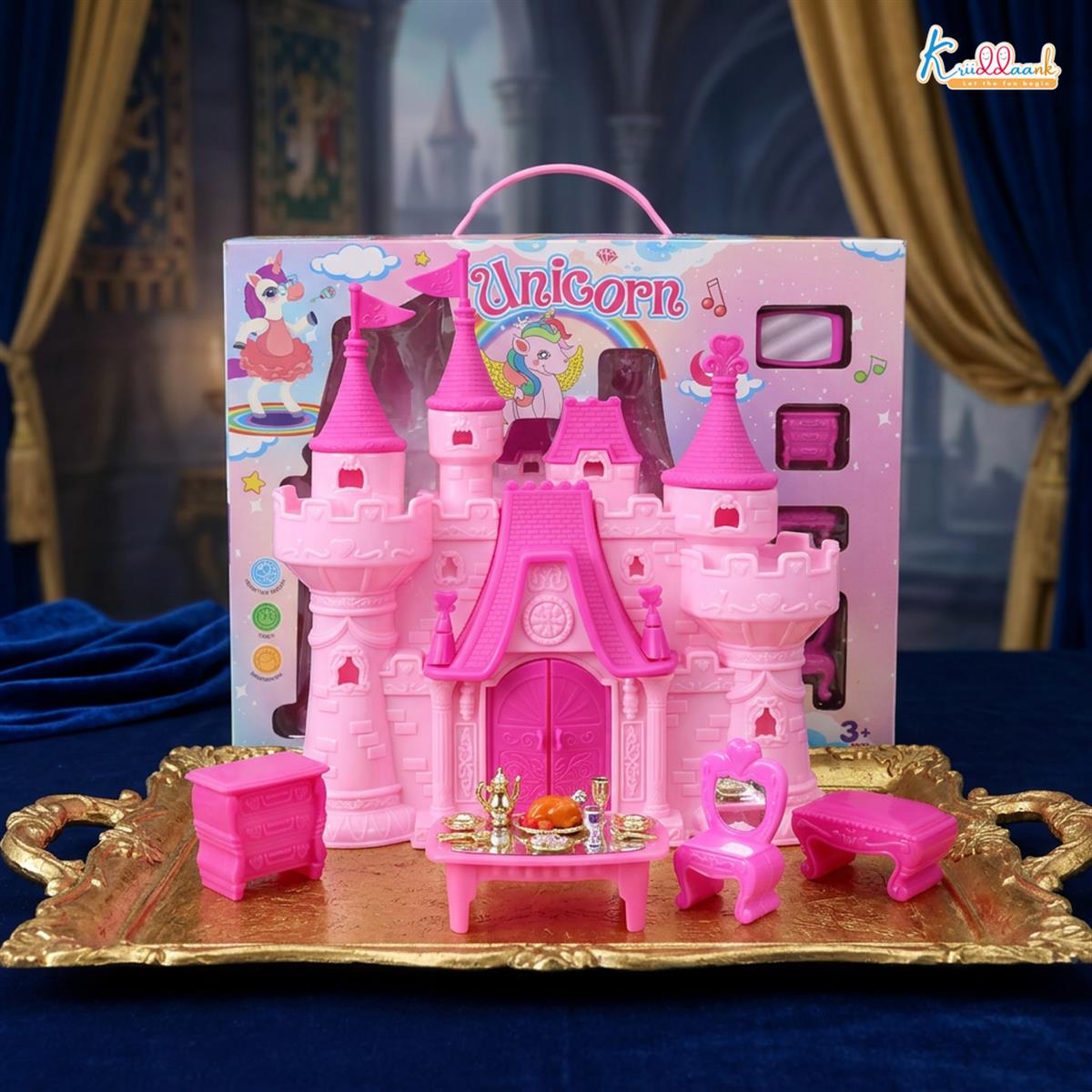 Portable Royal Castle Playset Unicorn Theme for Girls with Dollhouse Furniture, Mini Princess House Toy with Accessories, Educational Gift for Kids 3+ Years Old, Travel-Friendly & Safe