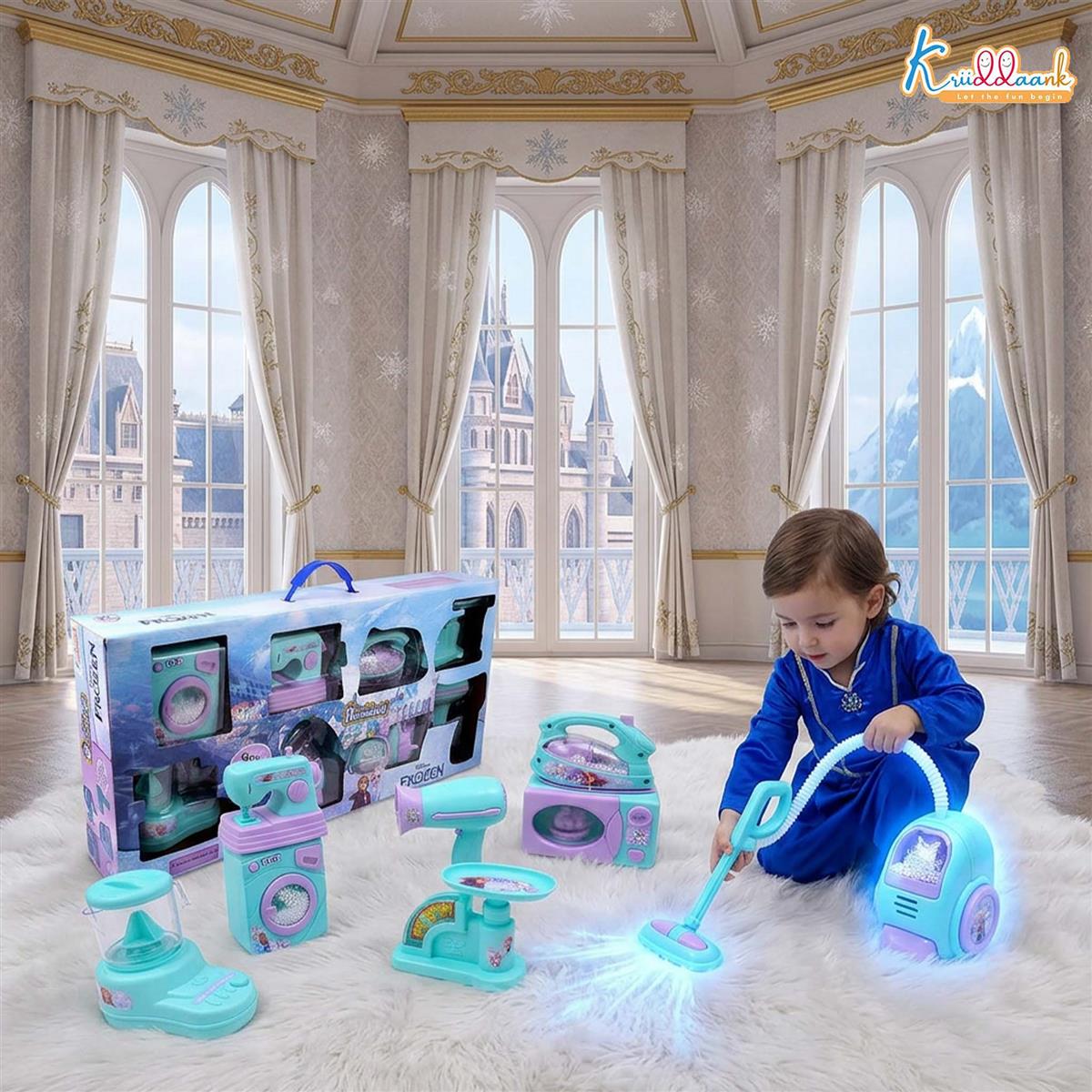 Frozen Theme 8-Piece Household Role Play Toy Set for Kids - Interactive Home Appliances Kit including Washing Machine, Vacuum, Microwave & Sewing Machine - Educational Pretend Play for Ages 3+