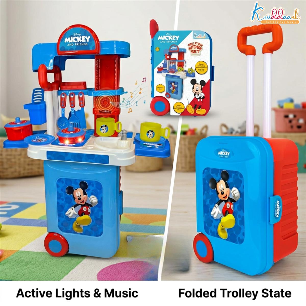 Kriiddaank Disney Mickey Kitchen Set with Trolley - 20 Pcs Pretend Play Cooking Set for Kids with Light & Sound, 2-in-1 Portable Role Play Kitchen Toy for Toddlers 3+ Years (Red)