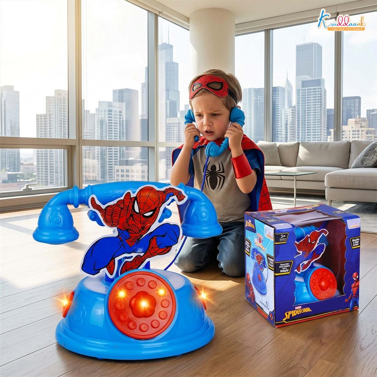 Kriiddaank Spiderman Talking Telephone Toy for Kids - Interactive Musical Pretend Play Phone with Sounds, Educational Learning Toy for Boys & Girls 3+ Years, Durable & Portable Design, Blue