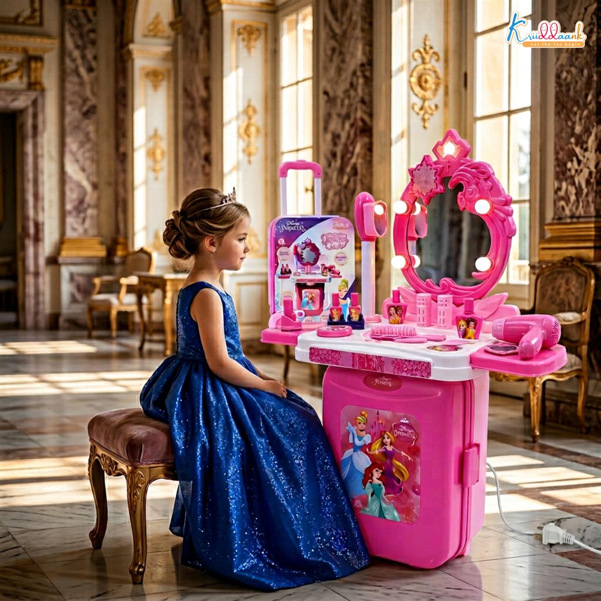 Kriiddaank Disney Princess Dressing Set & Beauty Makeup Kit with Trolley for Girls - 15 Pcs Pretend Play Toy with Music, Lights & Sound - Safe, Interactive Styling Kit for Kids Ages 3+