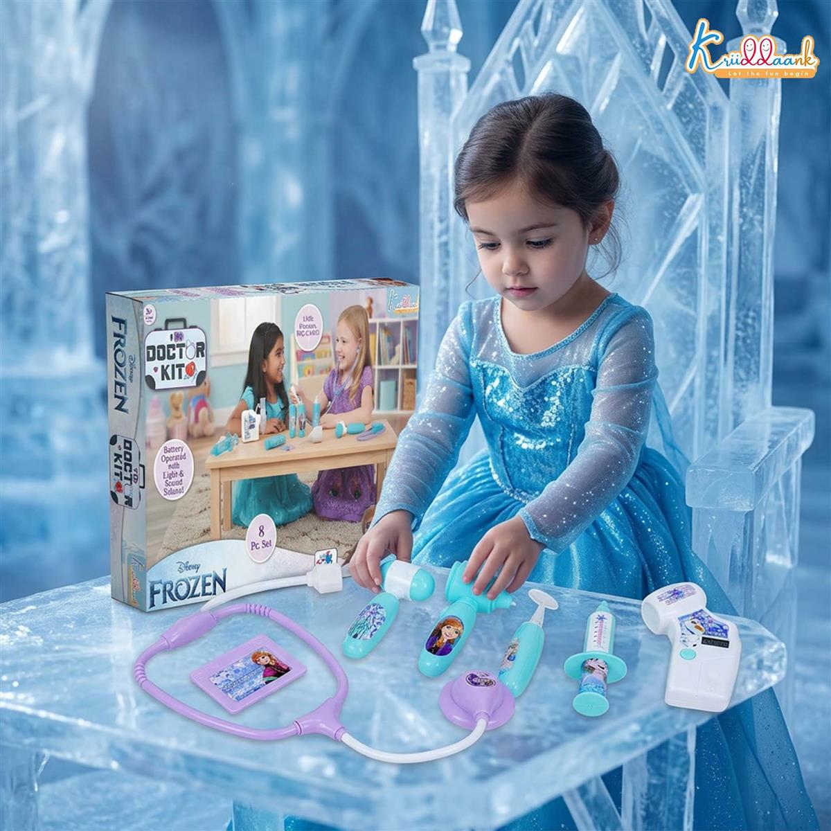 Kriiddaank Frozen Doctor Kit for Kids - 8 Piece Medical Play Set with Stethoscope, Syringe & Accessories - Non-Electric Pretend & Role Play Toy for Girls 3+ Years (Turkish Blue)