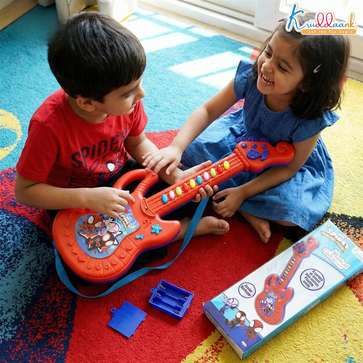 Spiderman Musical Guitar for Toddlers - Junior Rockstar Sing-Along Karaoke Toy with Built-in Music & Lights, Educational Electronic Play Instrument for Kids 3+ Years Old, Blue
