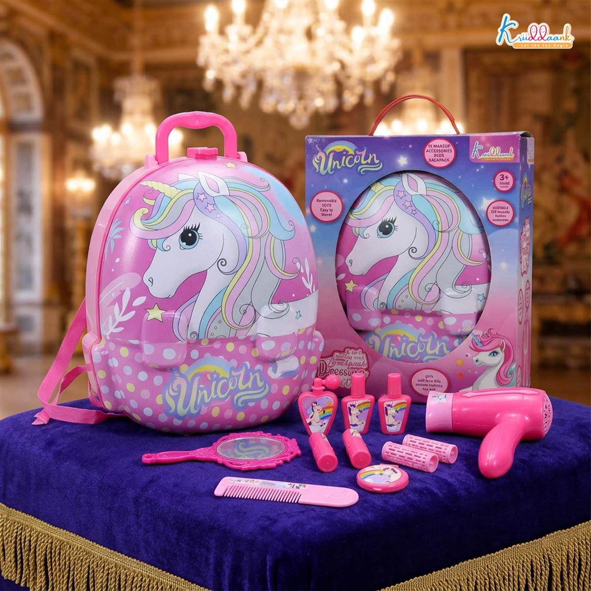 Unicorn Backpack Dressing & Makeup Gift Set for Kids - 2-in-1 Portable Trolley Pretend Play Vanity Kit with Electronic Hair Dryer & 13 Accessories - Ideal Birthday Gift for Girls 3+ Years