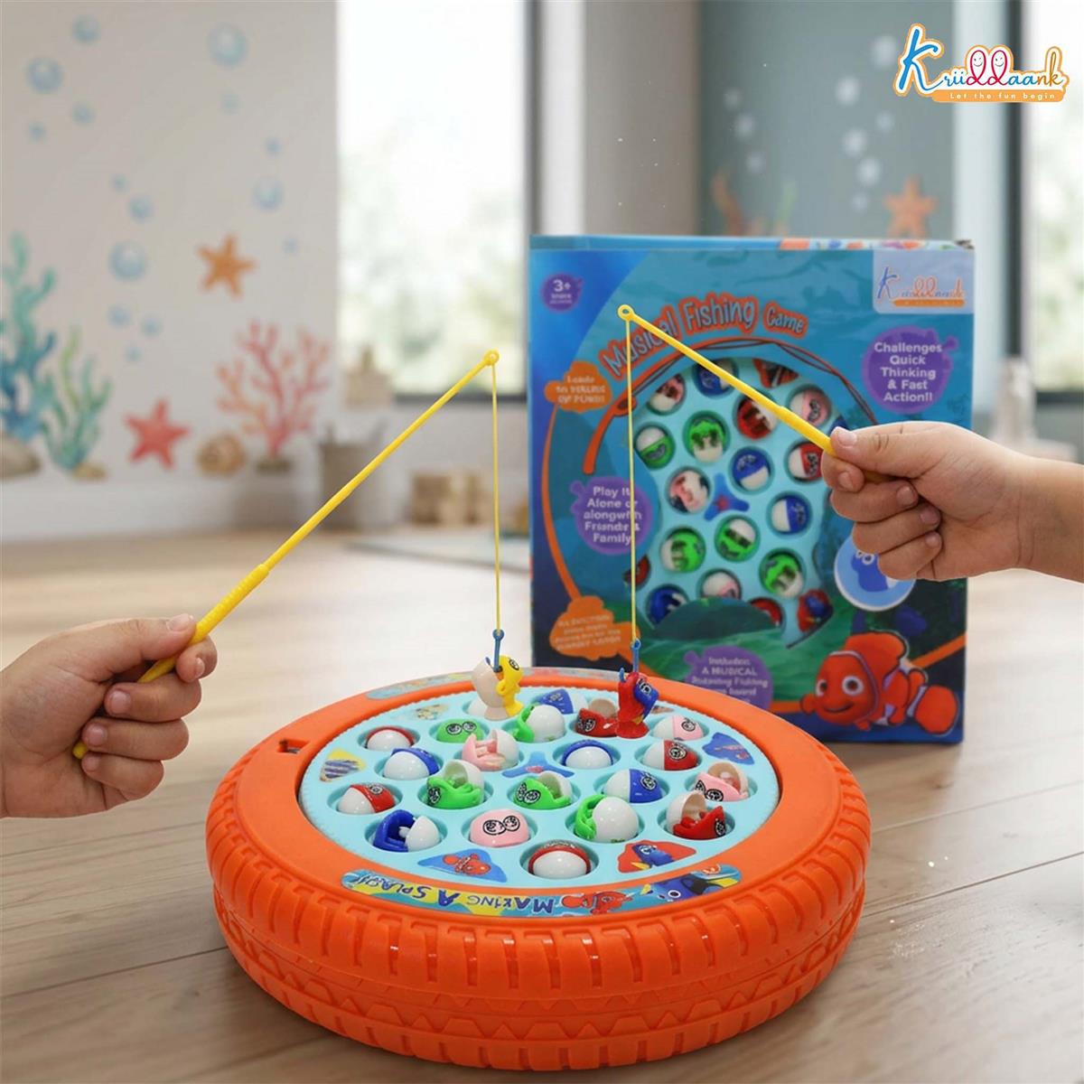 Kriiddaank Nemo Theme Musical Fishing Game - Battery Operated Rotating Board with 21 Fishes & 4 Fishing Poles - Educational & Interactive Learning Toy for Kids Ages 3+ (Multicolor)