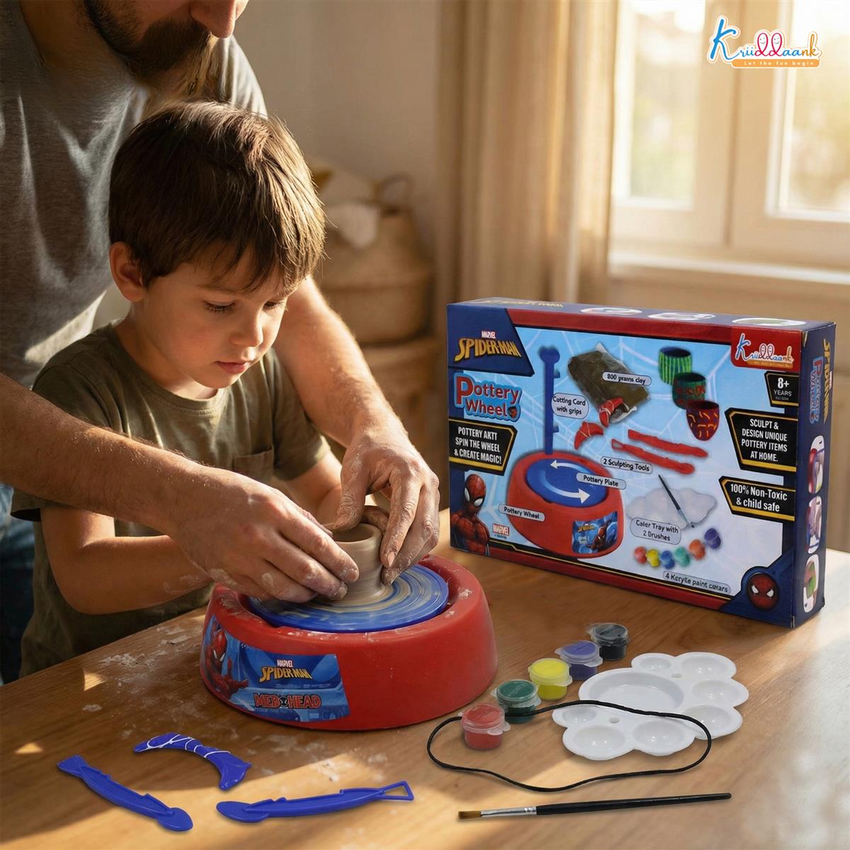 Spiderman Pottery Wheel Modeling Set for Kids - Complete Clay Sculpting, Art & Craft Kit with 800g Clay, Paints & Tools | Educational DIY Toy for Boys & Girls 8+ | Battery Operated with Music
