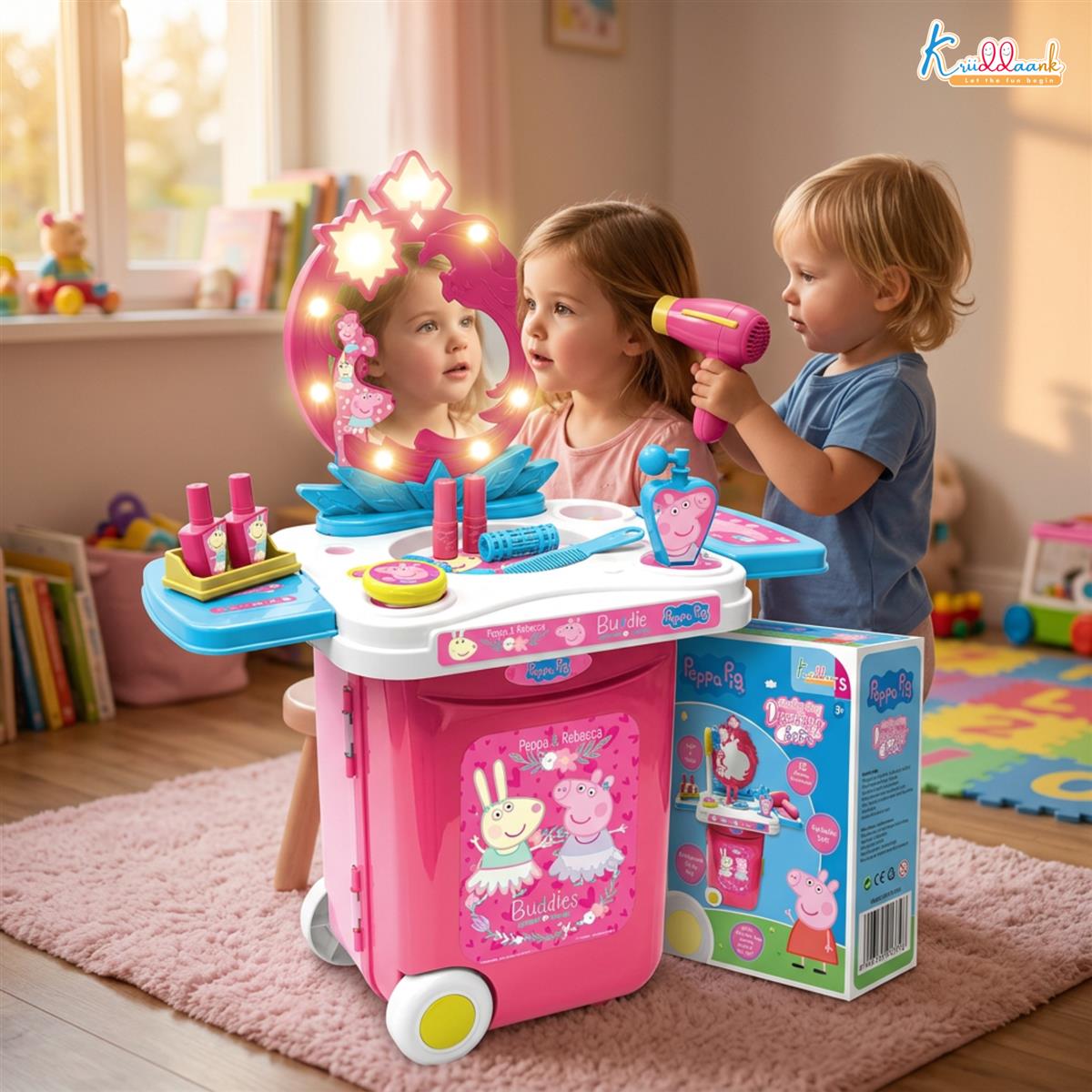 Kriiddaank Peppa Pig Dressing Set & Makeup Trolley Kit for Girls, 15 Pcs Pretend Play Beauty Set with Music & Lights, Educational Role Play Toy for Kids 3+ Years (Pink)