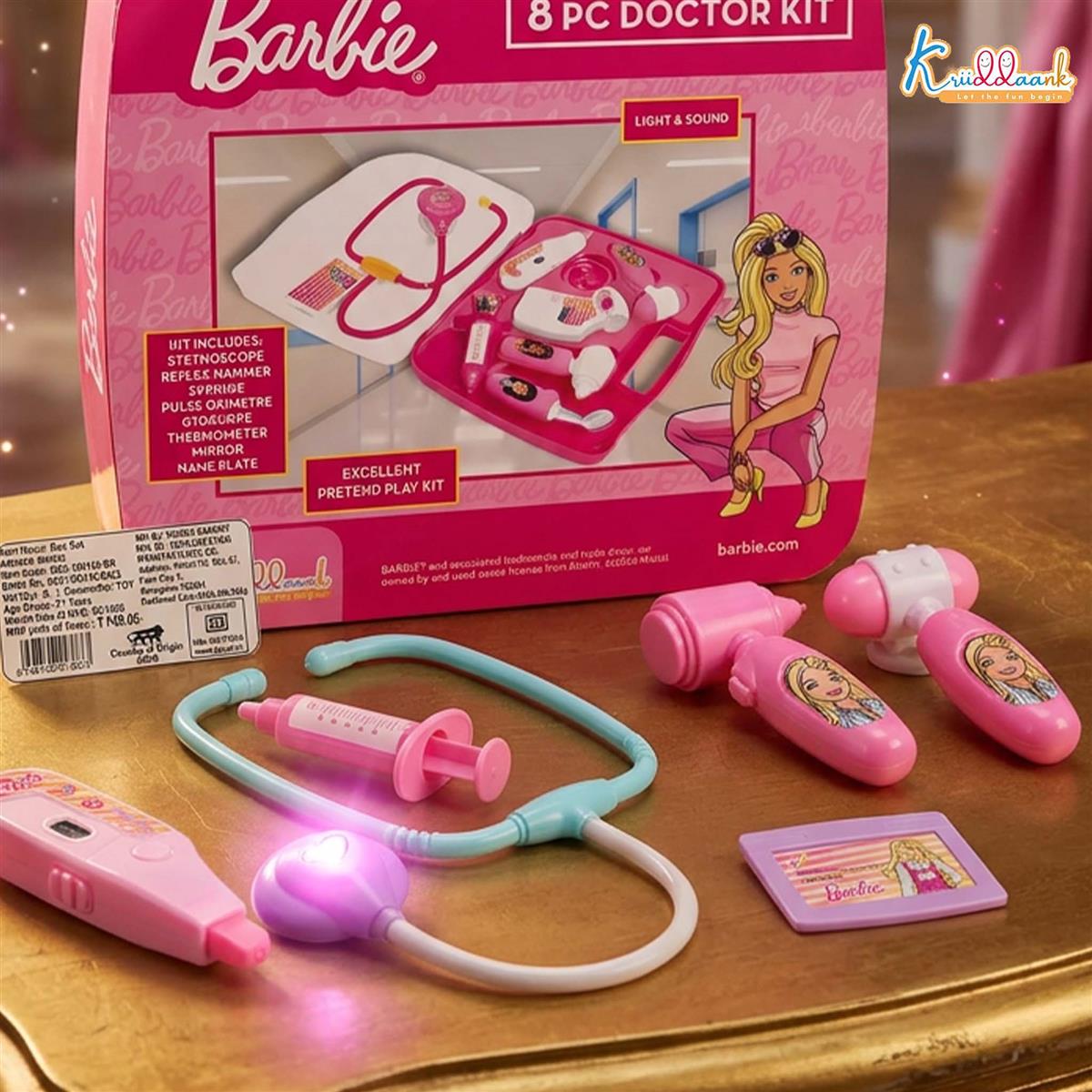 Barbie 8-Piece Doctor Set for Kids 3+ Years, Pink Medical Play Kit with Lights & Realistic Heartbeat Sounds, Non-Toxic Pretend Play Educational Toy Gift for Girls