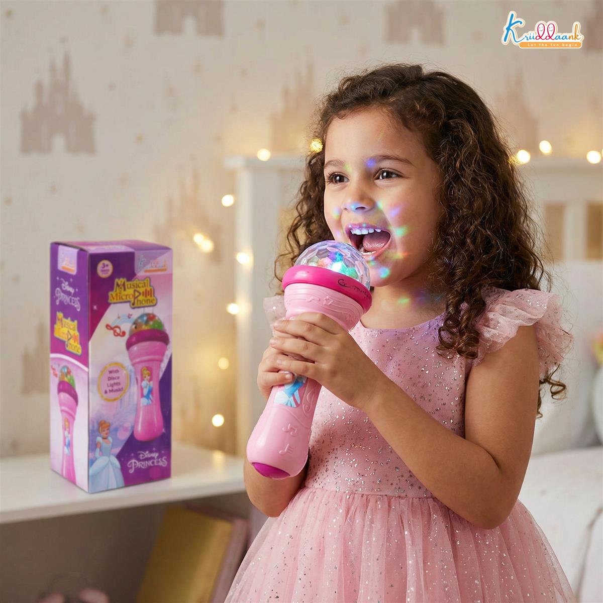 Kriiddaank Disney Princess Musical Microphone for Kids - Pink Karaoke Singing Mic with Rotating Disco Lights & Projector, Interactive Sound Toy for Girls 3+ Years, Ideal Birthday Gift