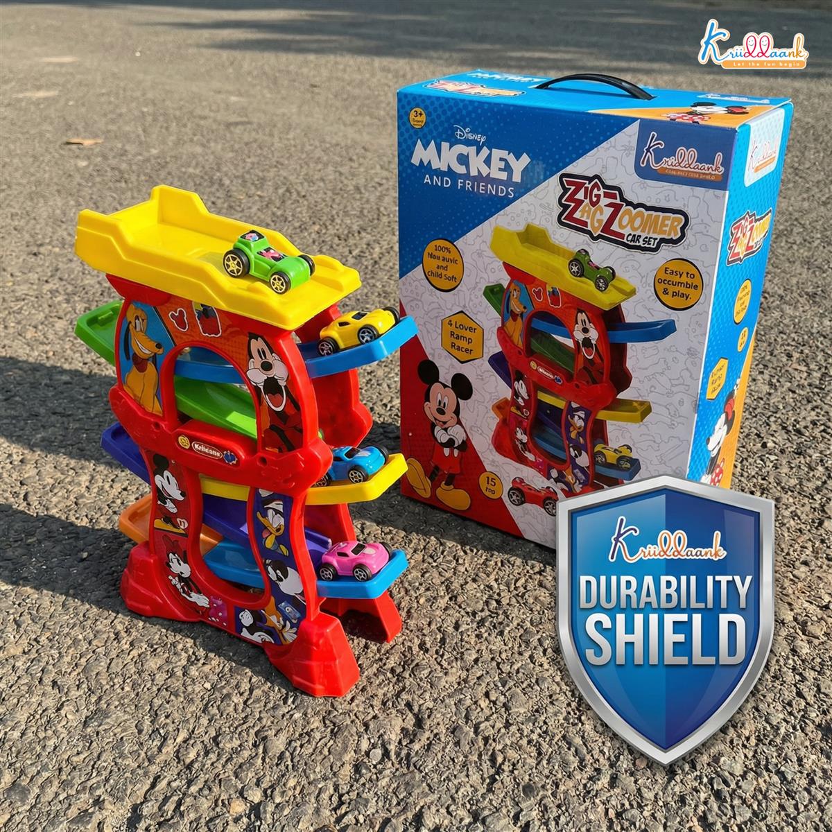 Mickey Zig Zag Zoomer Ramp Racer Car Track for Toddlers | 6-Level Lever Race Set with 4 Mini Vehicles | 15 Piece Educational Toy for Kids 3+ | Non-Toxic Mickey Mouse Themed Play Set