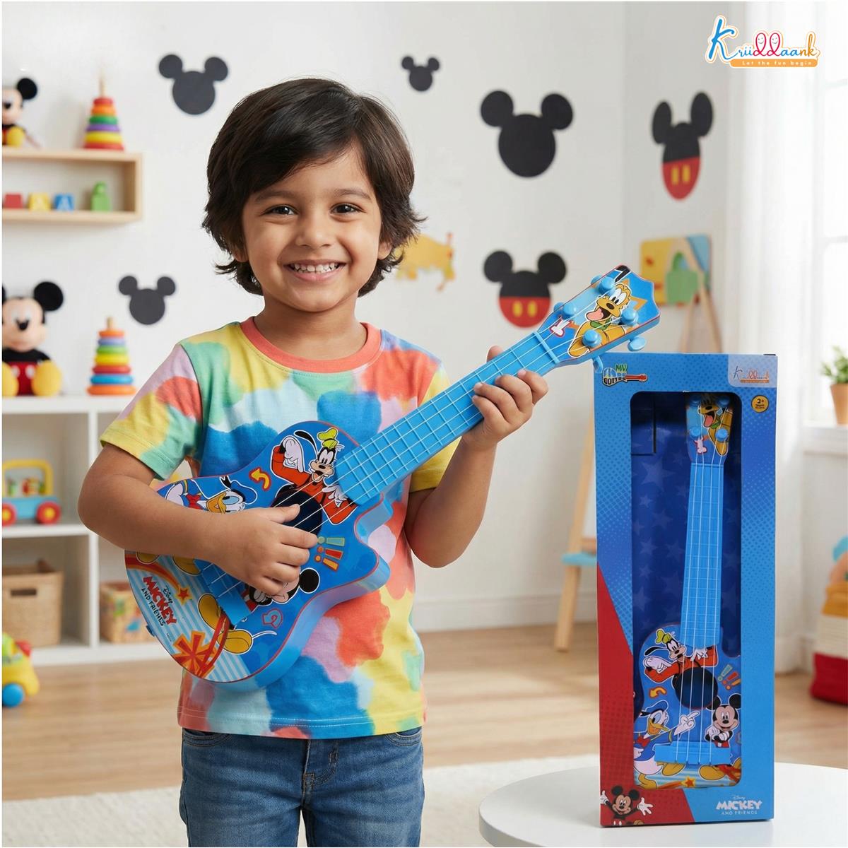 Disney Mickey Mouse Small Guitar for Kids - 4 String Toy Musical Instrument with Adjustable Tension, Fingerstyle Tab & Pick - Portable, Safe & Educational Gift for Boys & Girls Ages 3+