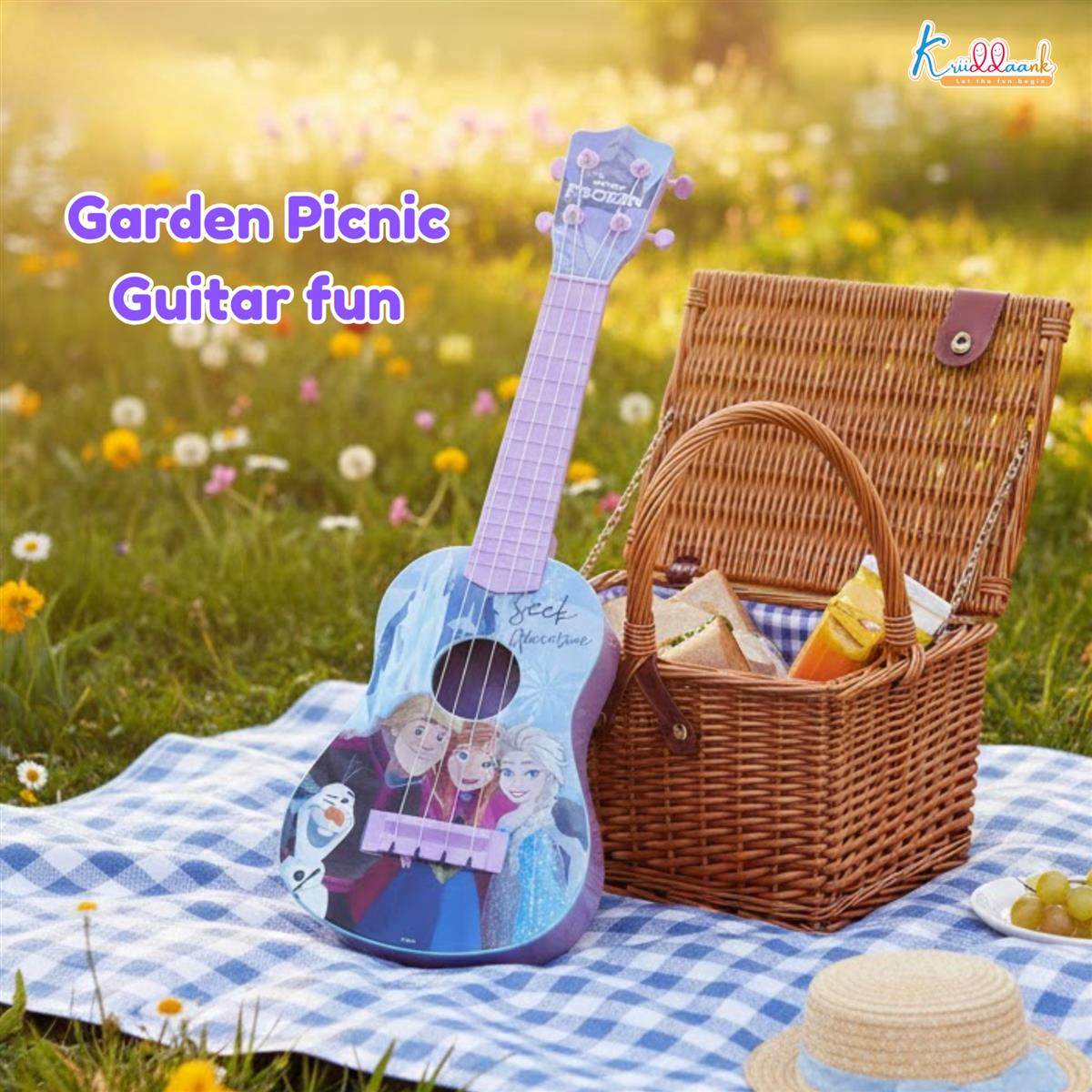 Frozen Elsa & Anna Big Toy Guitar for Girls - 4-String Adjustable Acoustic Musical Instrument with Pick - Lightweight & Portable Educational Toy for Kids Age 3+ Years, Turkish Blue