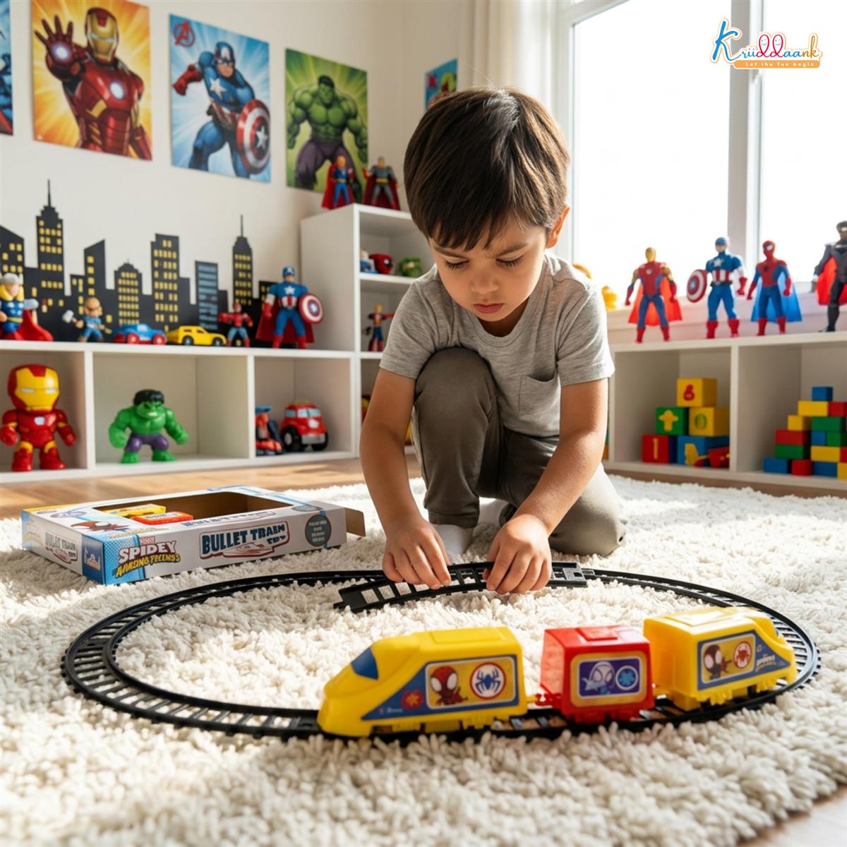 Kriiddaank Marvel Spiderman Train Set for Boys - 11 Piece Superhero Battery Operated Toy Train with Easy-to-Assemble Tracks & Sound Effects, Red & Blue Action Toy Gift for Kids (Ages 3+)