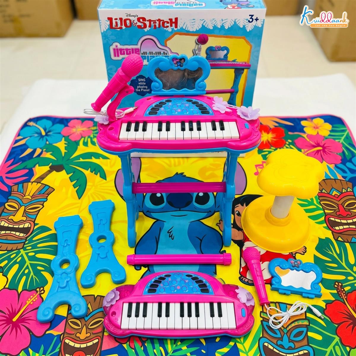 Disney Stitch Theme Little Pianist Keyboard Set for Kids - 25 Keys Piano with Microphone, Stool, & Dress-Up Accessories - Karaoke Function, USB/Battery Powered Musical Toy for Boys & Girls 3+