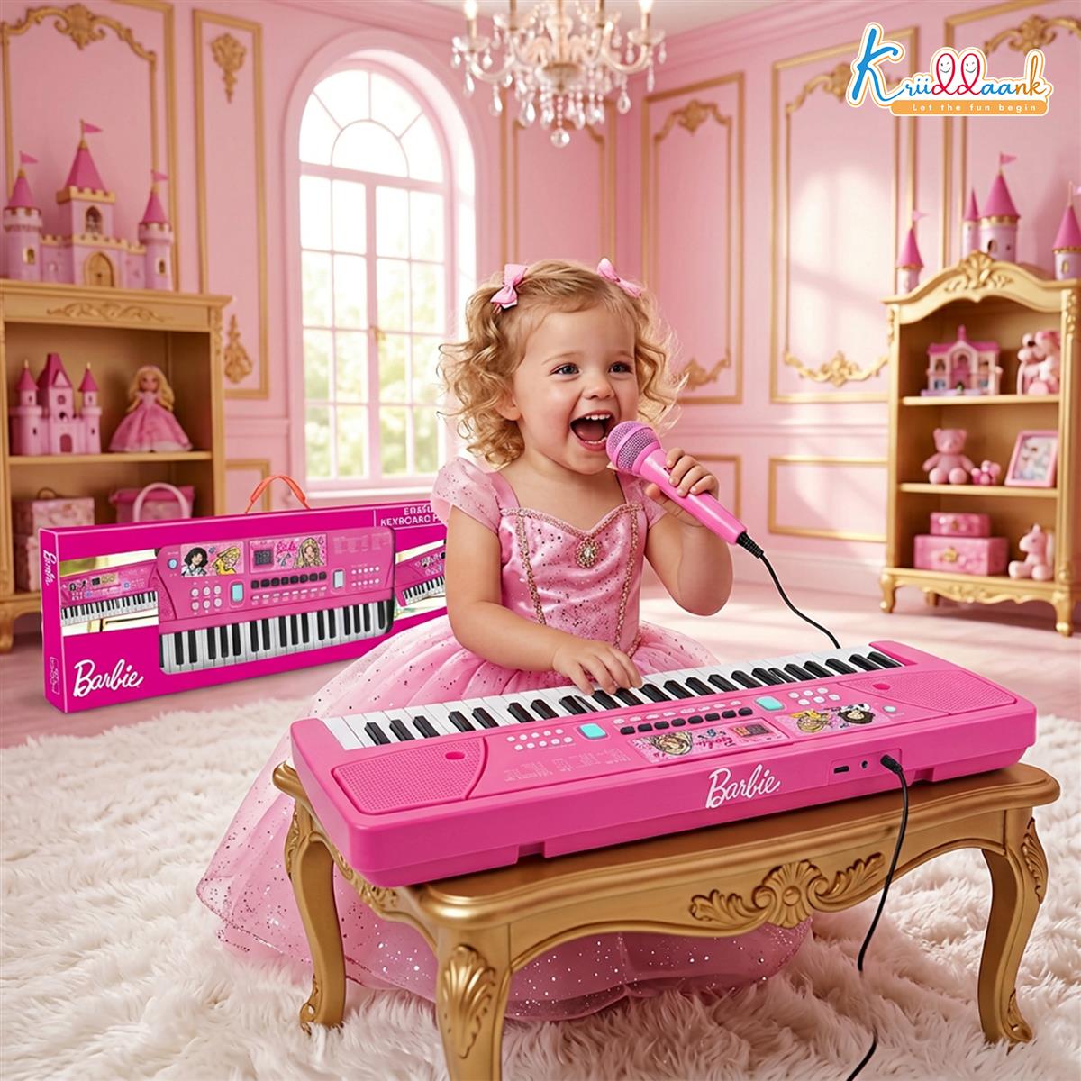 Barbie Kids Keyboard Piano - 61 Key Digital Electronic Organ for Girls with Microphone, 16 Instrument Sounds, 10 Rhythms, Dual Power (USB/Battery), Musical Educational Toy for Ages 3+ (Pink)