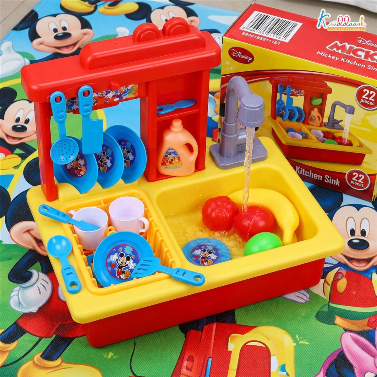 Kriiddaank Mickey Toy Kitchen Sink - 22 Pc Pretend Play Kitchen Set with Electric Running Water Faucet, Automatic Water Recycling System & Dishes - Disney Mickey Theme Role Play Toy for Kids 3+