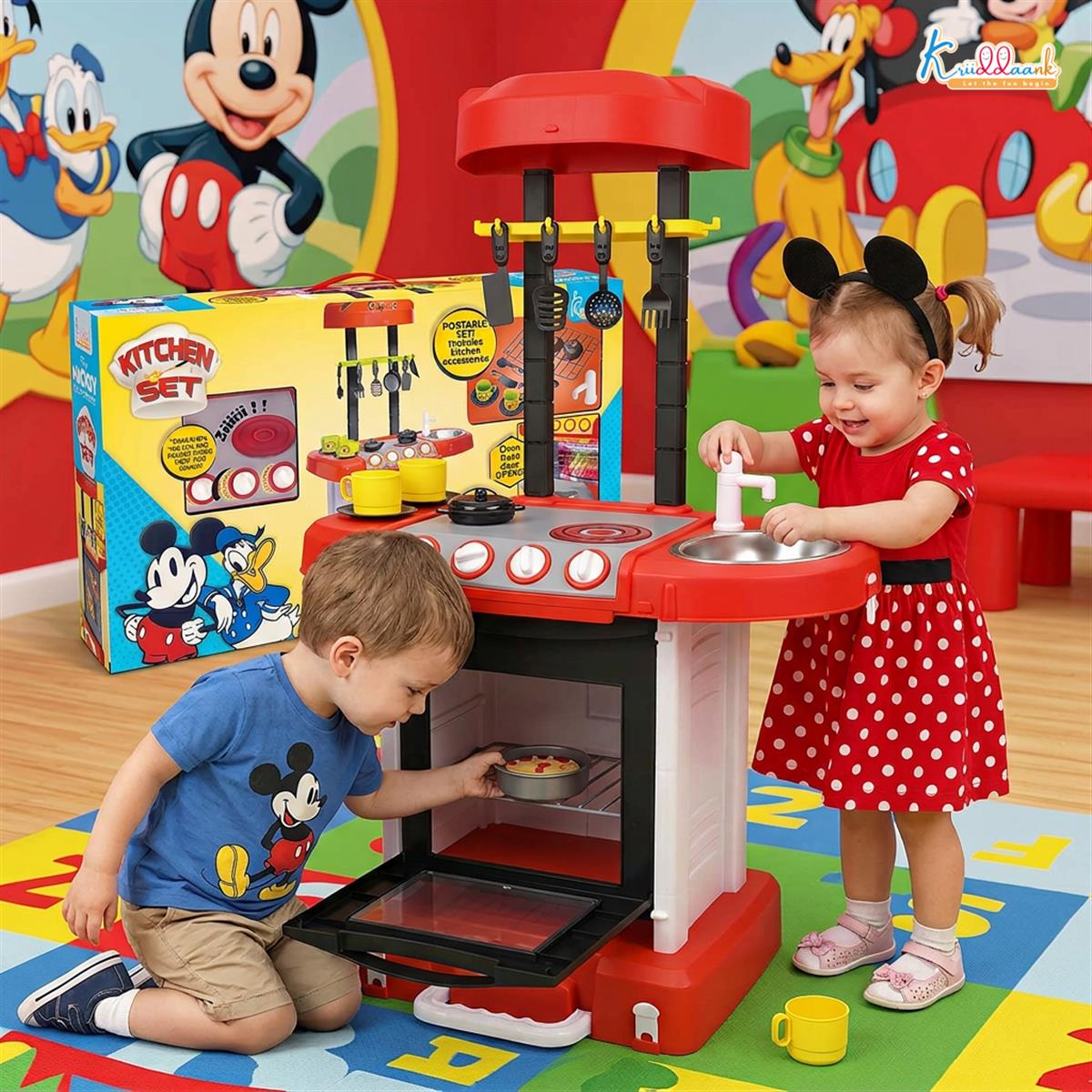 Kriiddaank Mickey Mouse Themed Kitchen Set for Kids - Portable Disney Pretend Play Cooking Toy with Oven, Gas Stove, Sink, Lights & Sound - Includes 18 Accessories - Ideal Gift for Ages 3+