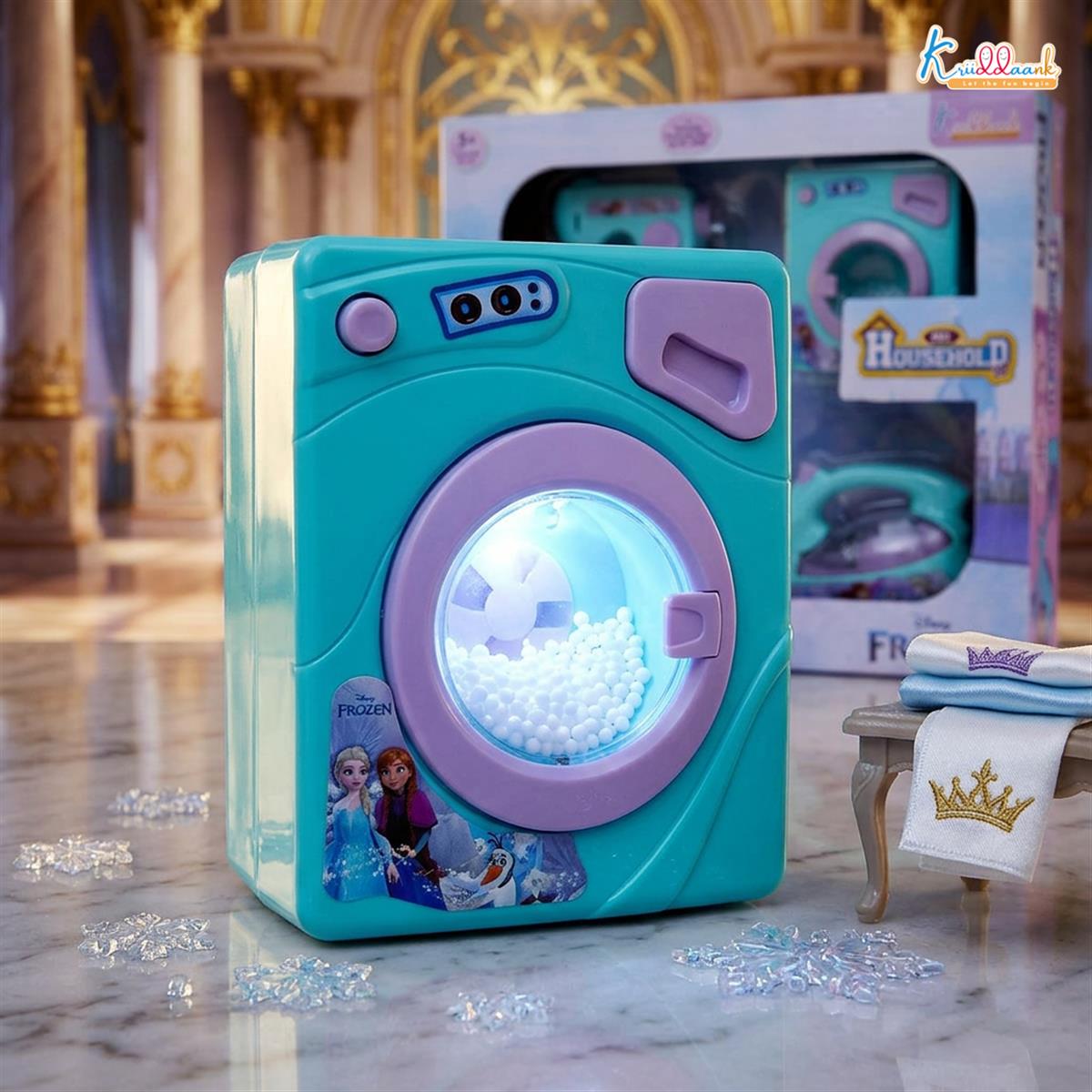 Frozen Theme Household 4pc Role Play Set - Includes Washing Machine, Vacuum Cleaner, Iron & Hair Dryer | Battery Operated Lights & Interactive Play | Non-Toxic Educational Toy for Kids 3+ Years