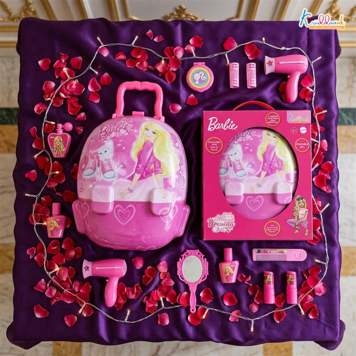 Barbie Backpack Dressing Gift Set for Kids - 2-in-1 Portable Pretend Play Makeup & Vanity Set with Electronic Dryer, 13+ Accessories, Safe & Durable Educational Toy for Girls Ages 3+