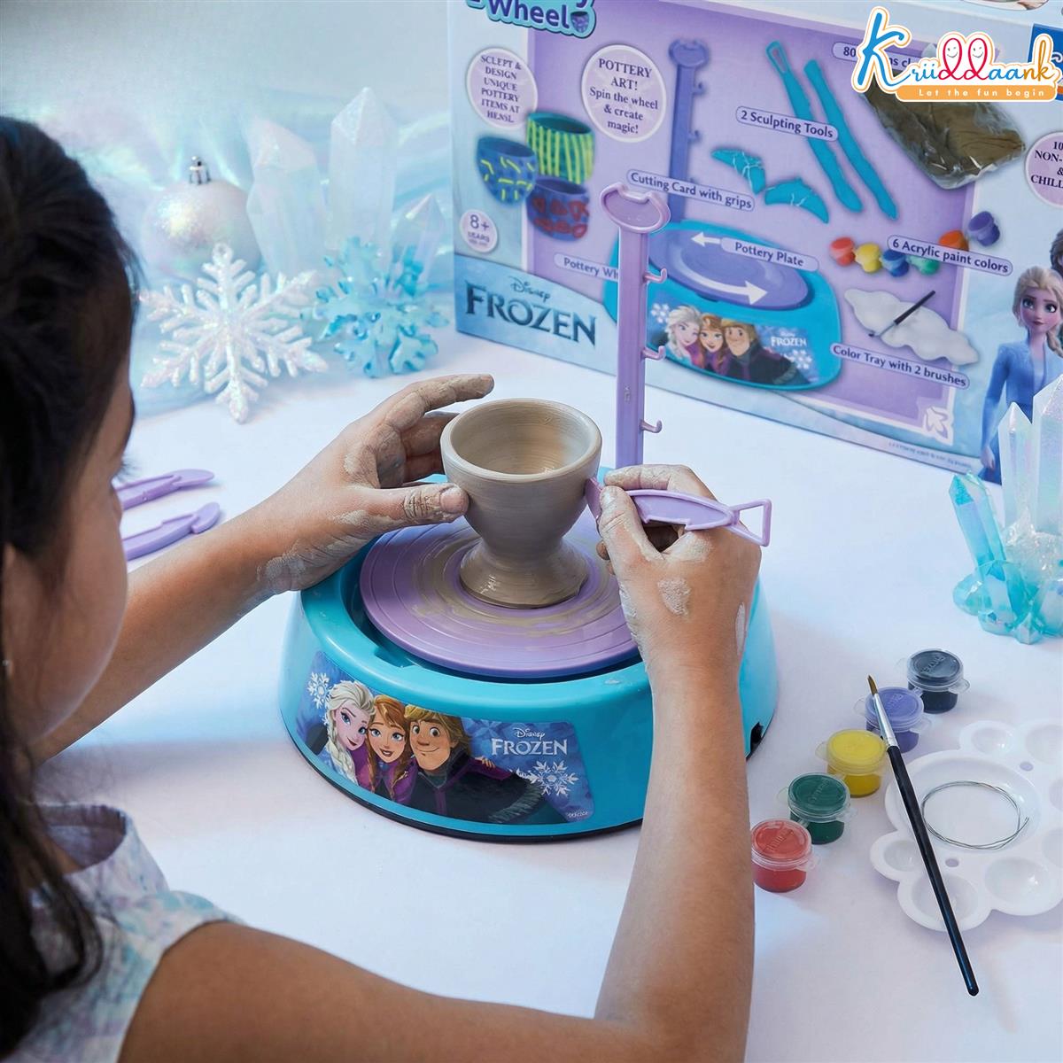 Frozen Theme Pottery Wheel Kit for Kids - Elsa & Anna Clay Art & Craft Set with 800g Clay, 6 Acrylic Paints & Sculpting Tools - Educational DIY Pottery Making Toy for Girls Age 8+ (Turkish Blue)