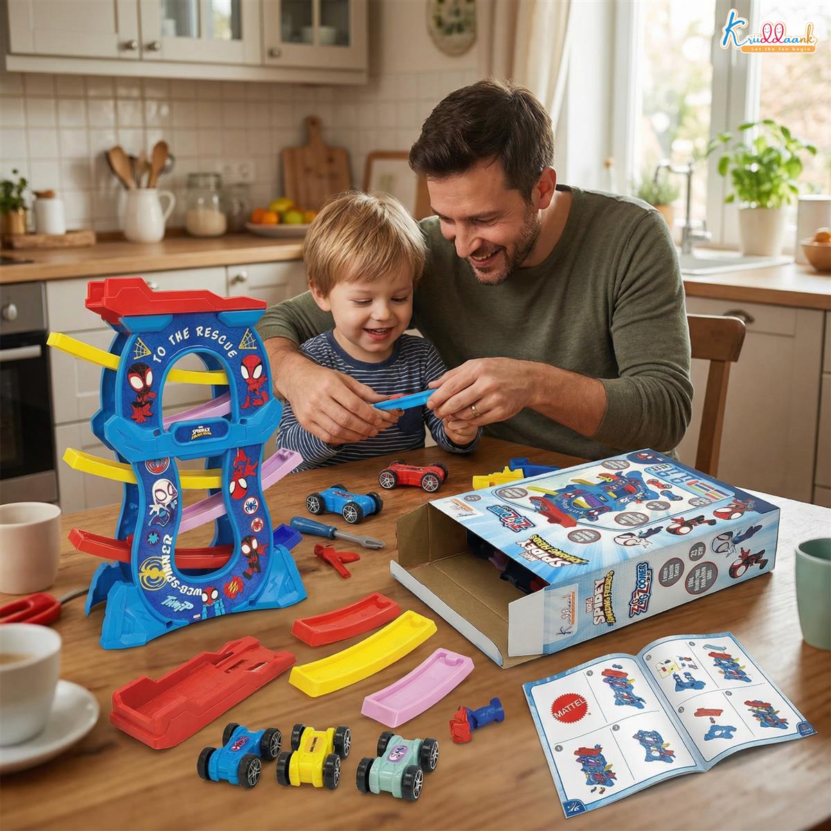 Zig Zag Zoomer Spiderman Ramp Racer Car Set for Kids 3+ Years - 6-Level Zig-Zag Racing Track with 4 Vehicles - 16 Pcs Battery Operated Educational Toy - Non-Toxic Blue Car Playset