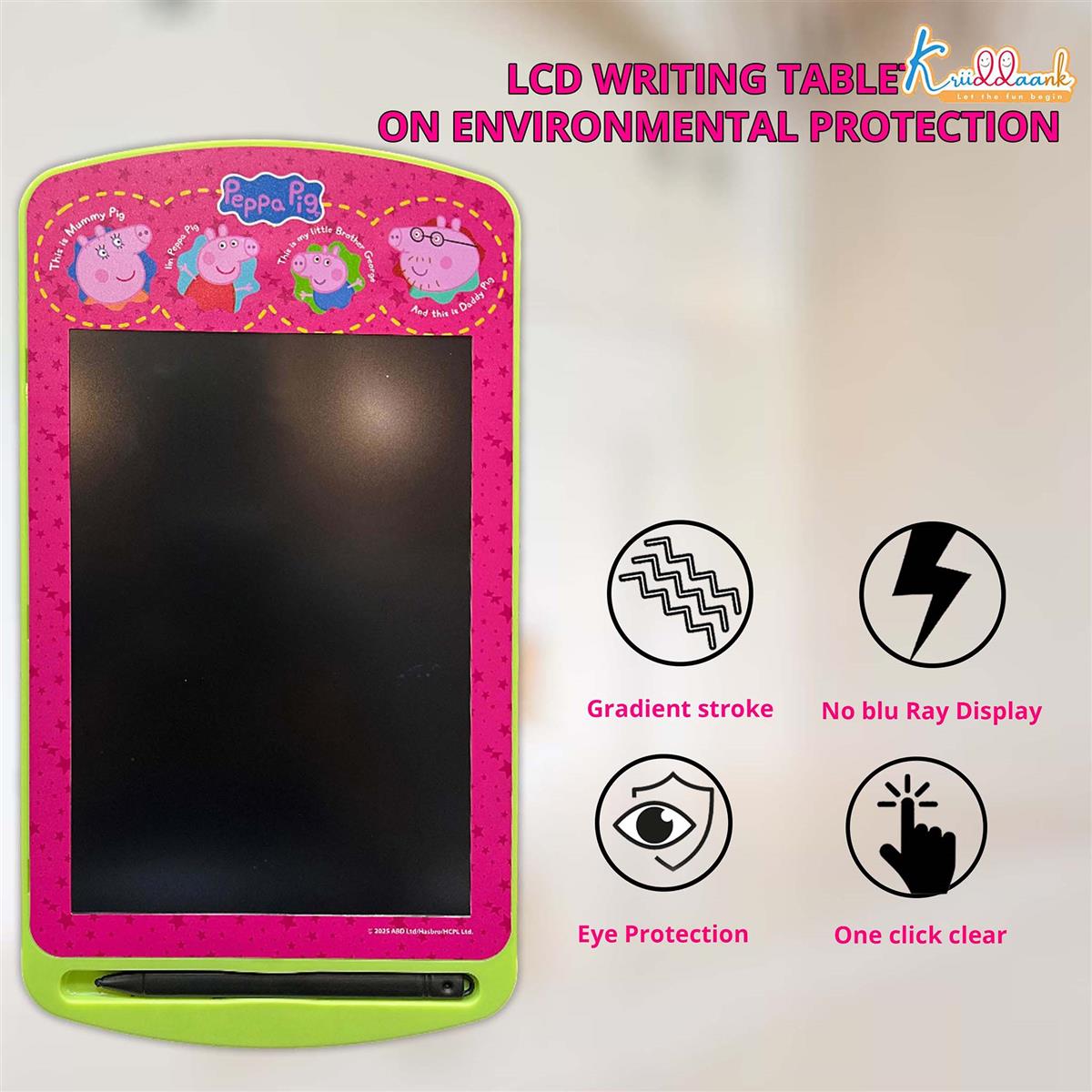 Kriiddaank Peppa Pig 10.5 Inch LCD Writing Tablet & Drawing Pad for Kids - Rewritable Electronic Travel Slate, Birthday Gift for Boys & Girls 3-9 Years, Pink Peppa Theme Educational Toy Board