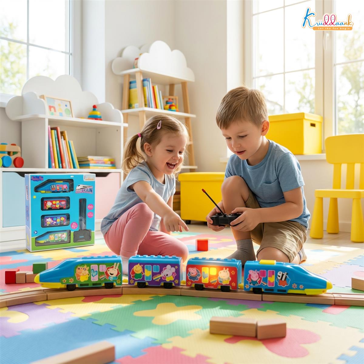 Kriiddaank Peppa Pig Theme RC Train Toy for Kids, Remote Control Express Train with Lights and Sounds, Rechargeable EMU Model Train for Boys & Girls Ages 3+, Light Blue