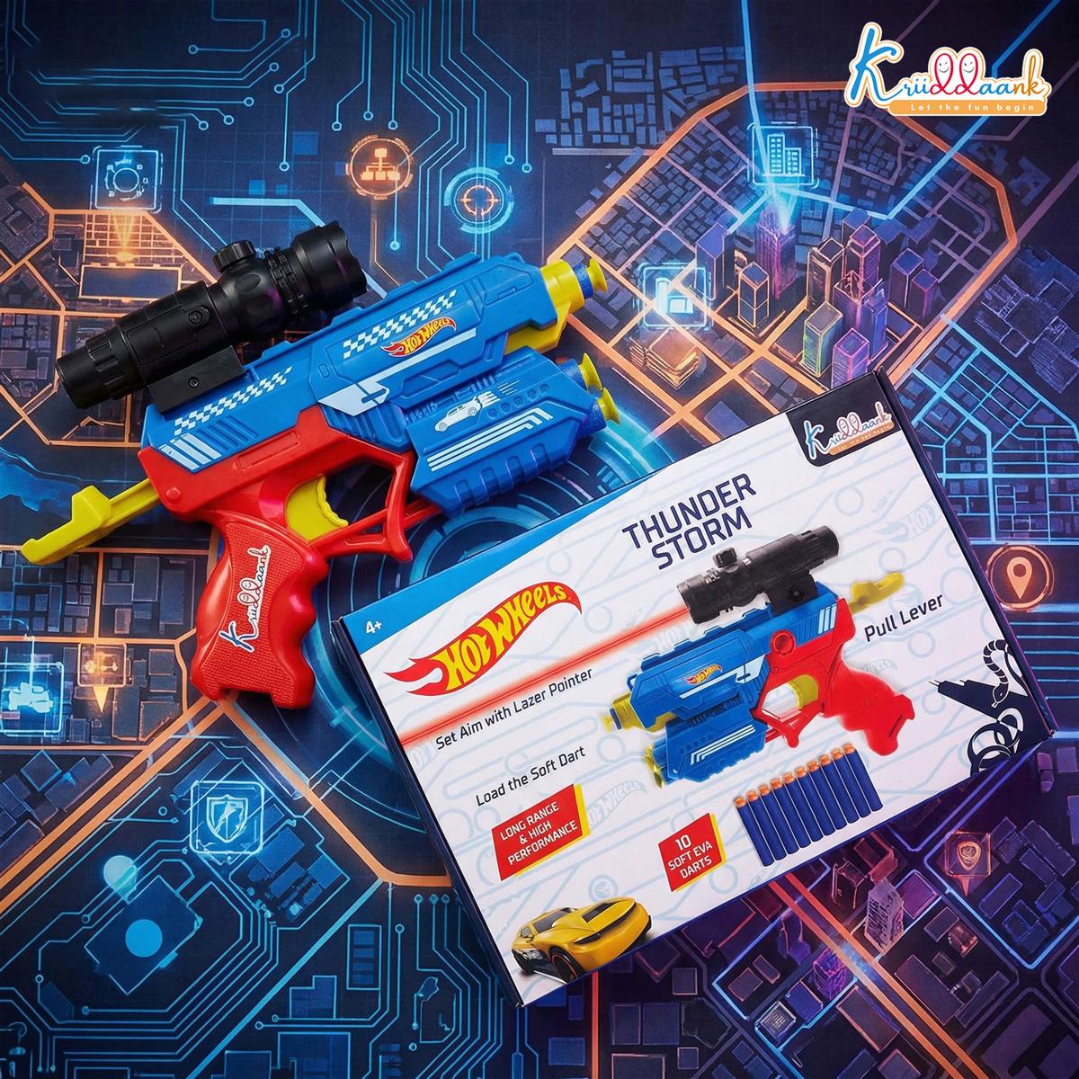 HW Thunder Storm Strike Blaster Toy Gun with Laser Pointer & 10 Soft EVA Darts, High-Velocity Multi-Mode Shooting System, Safe Action Play for Kids 4+ Years, Blue