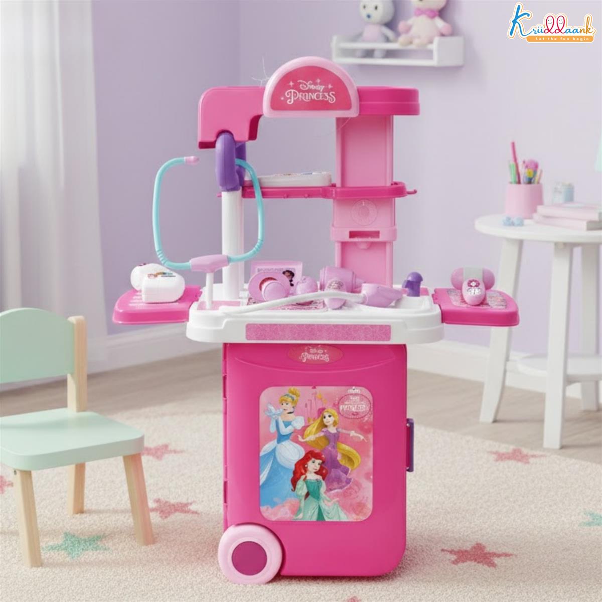 Kriiddaank Disney Princess Doctor Set for Kids - Portable Medical Trolley with Stethoscope & Lights, 9-Piece Educational Pretend Play Toy Kit for Girls Aged 3+, Pink