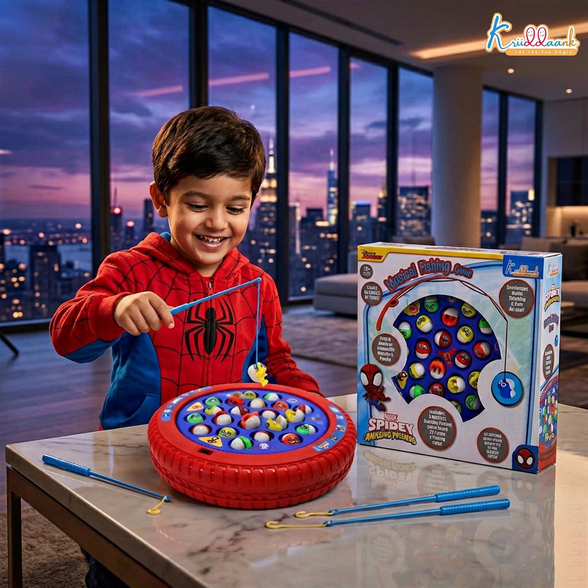 Spiderman Musical Rotating Fishing Game for Kids - Underwater Adventure Theme | Battery Operated Interactive Toy with 21 Fishes & 4 Poles | Fun Educational Game for Boys & Girls Age 3+ Years