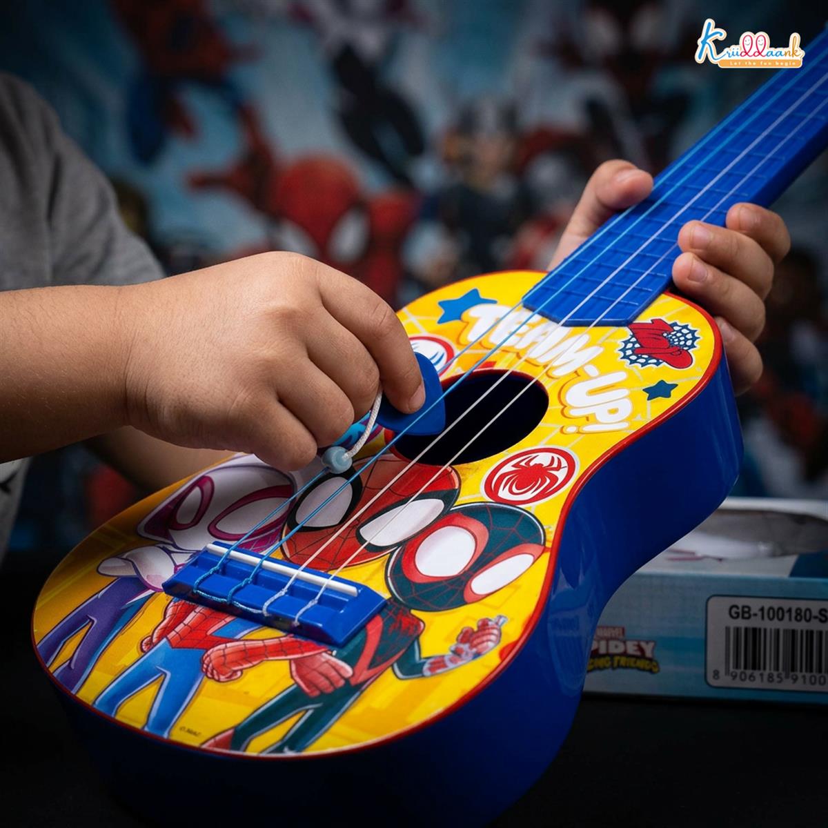 Spiderman Big Toy Guitar for Kids - 4 Adjustable Strings, Fingerstyle Tab & Pick - Portable Educational Musical Instrument Toy for Boys 3+ Years - Perfect Birthday Gift, Blue