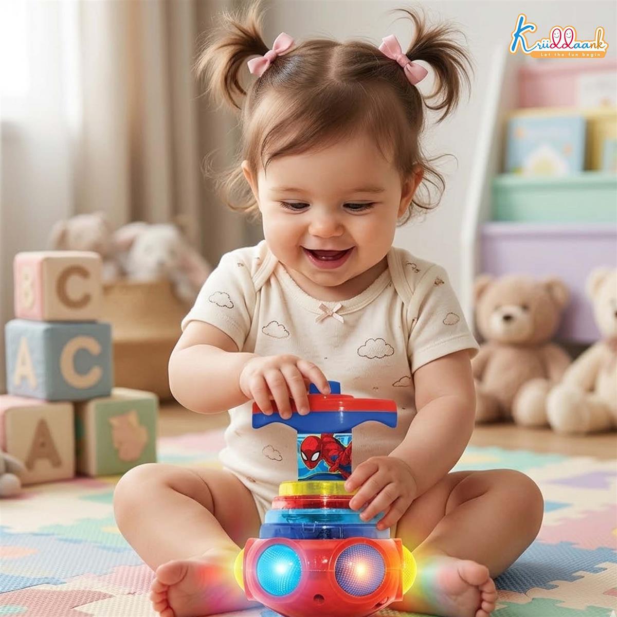 Dizzy Glow Top - Spiderman Musical Spinning Toy with Vibrant Flashing Lights & 360 Degree Rotation, Safe Rounded Edges, Battery Operated Fun for Kids Aged 3+ Years - Blue