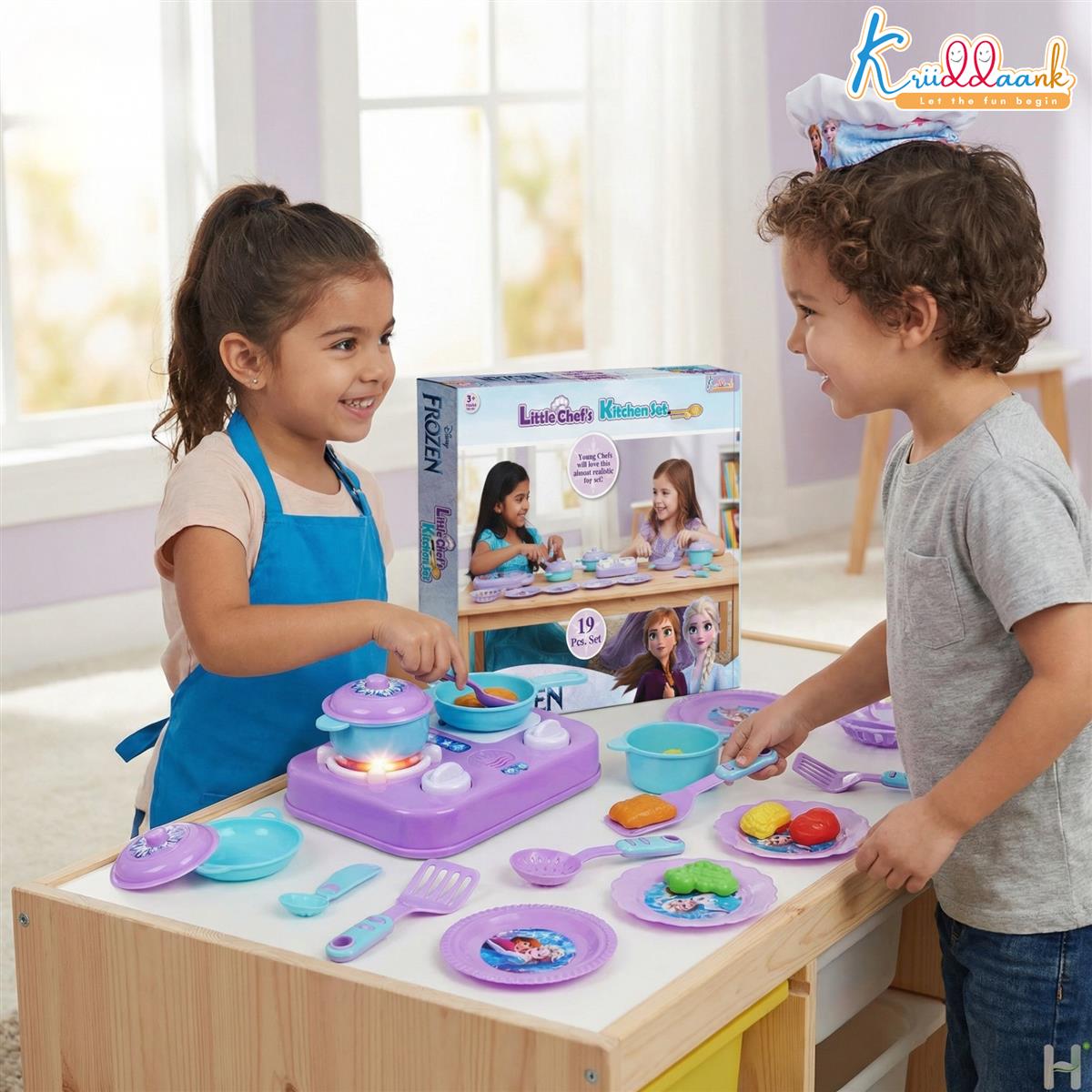 Kriiddaank Frozen Little Chef Kitchen Set for Kids - 19 Pcs Princess Theme Pretend Play Cooking Toy Set - Non-Electronic Safe Educational Kitchen Toys for Girls & Boys Ages 3+ Years