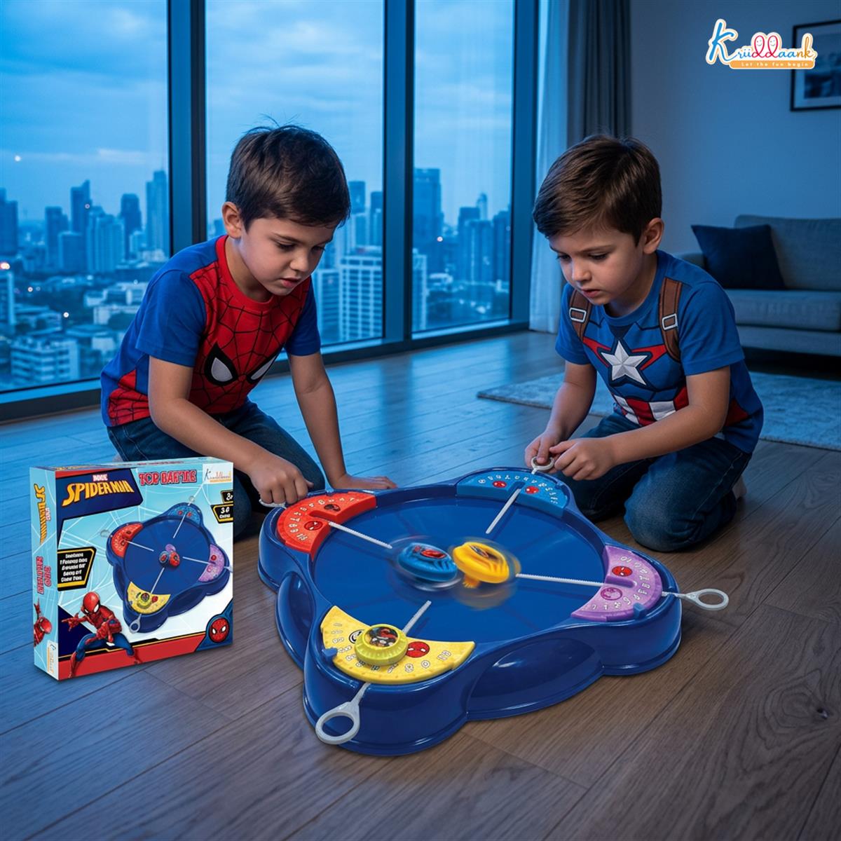 Kriiddaank Spiderman-Inspired Spinning Top Set - 5-Piece Battling Toy for Kids 5+, Includes Arena Base, 4 Rip Cords & 4 Color Tops, Action-Packed Multiplayer Fun for Boys & Girls