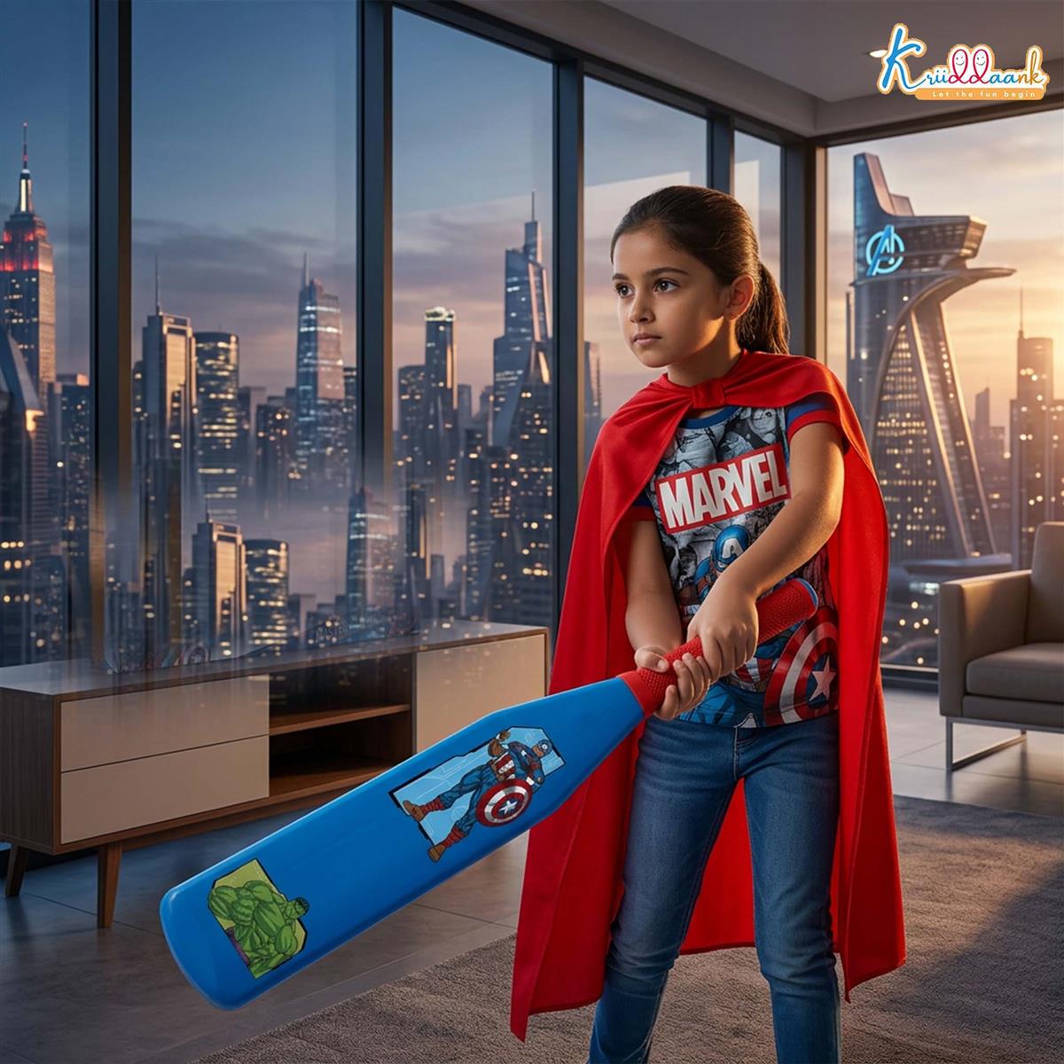 Kriiddaank Avengers Master Blaster Cricket Bat & Ball Set for Kids 3+ Years | Lightweight Plastic Superhero Theme Bat with Comfort Grip | Indoor & Outdoor Sports Play Kit for Boys & Girls