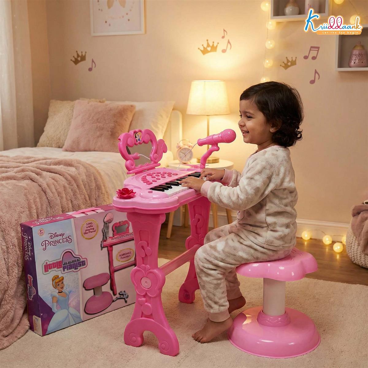 Disney Princess Little Pianist Keyboard Toy with Microphone & Stool - Karaoke Function, 25 Built-in Tunes, Dual Power Mode (USB/Battery) - Pink Musical Educational Gift for Girls Ages 3+