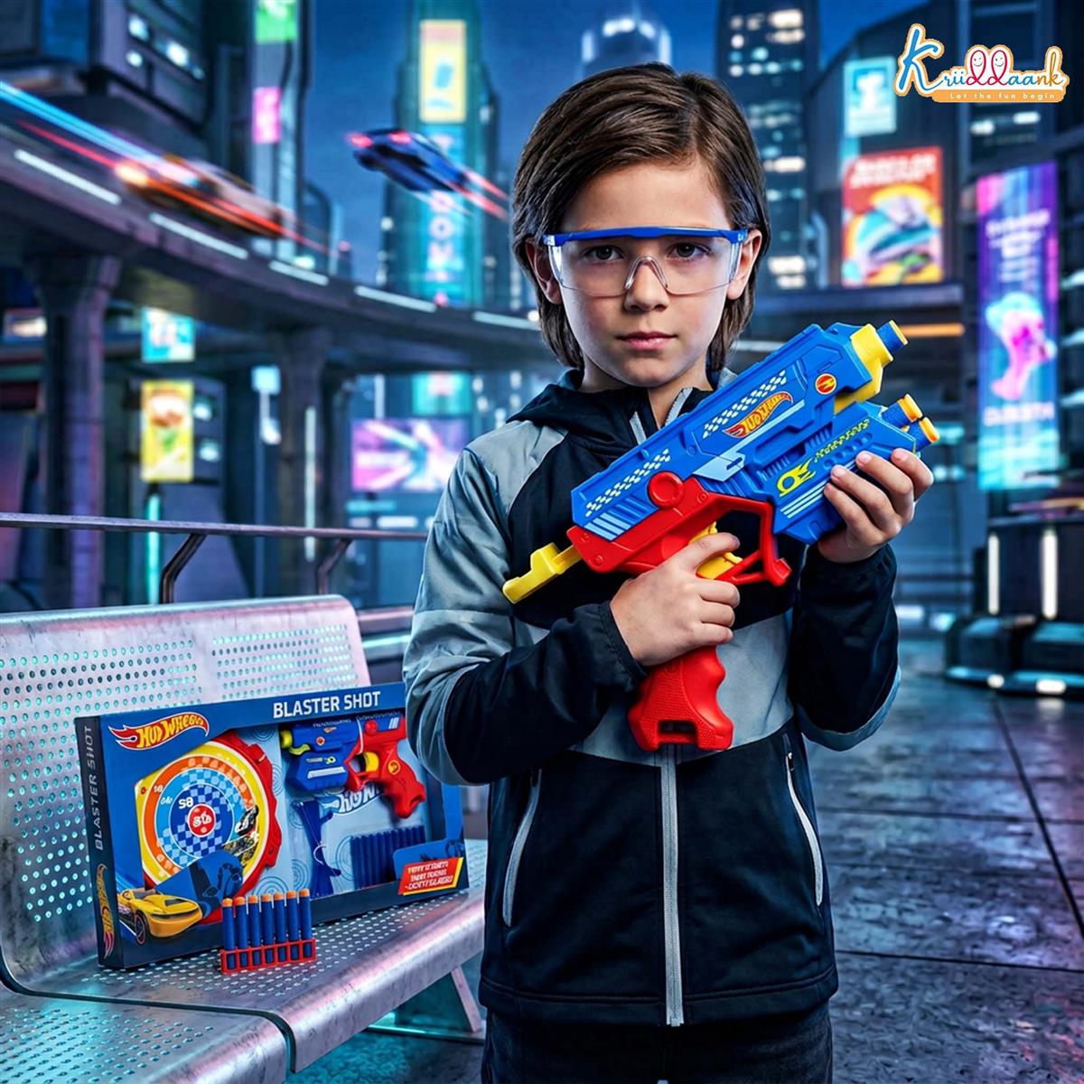 Hot Wheels Blaster Gun Toy for Kids - Soft Bullet Foam Blaster with 10 Darts, Target Board & Safety Glasses - Action Shooting Game Toy for Boys & Girls Age 4+ (Blue)