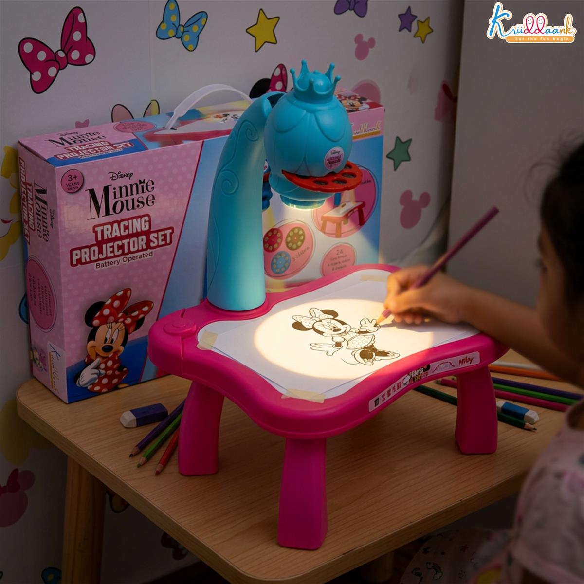 Kriiddaank Minnie Mouse Tracing Projector Set for Kids - Drawing Projector with 24 Patterns, 3 Stencil Slides, Markers & Paper - Creative Art & Craft Educational Toy for Girls Ages 3+ (Pink)