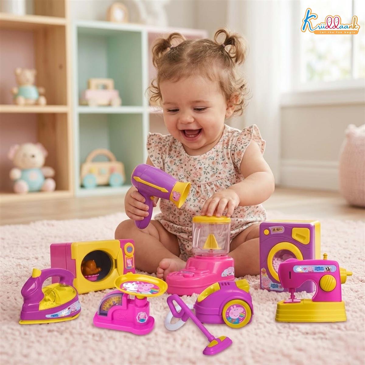 Hasbro Peppa Pig 8-Piece Household Role Play Set - Mini Home Appliances Kit with Toy Washer, Vacuum & More - Educational Pretend Play Toy for Kids Ages 3+ (Pink/Multicolor)